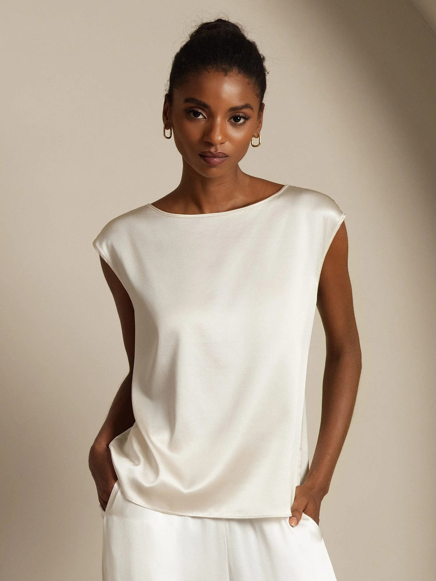 19Momme Women's Silk Cap Sleeve Round Neck Top - Image 21