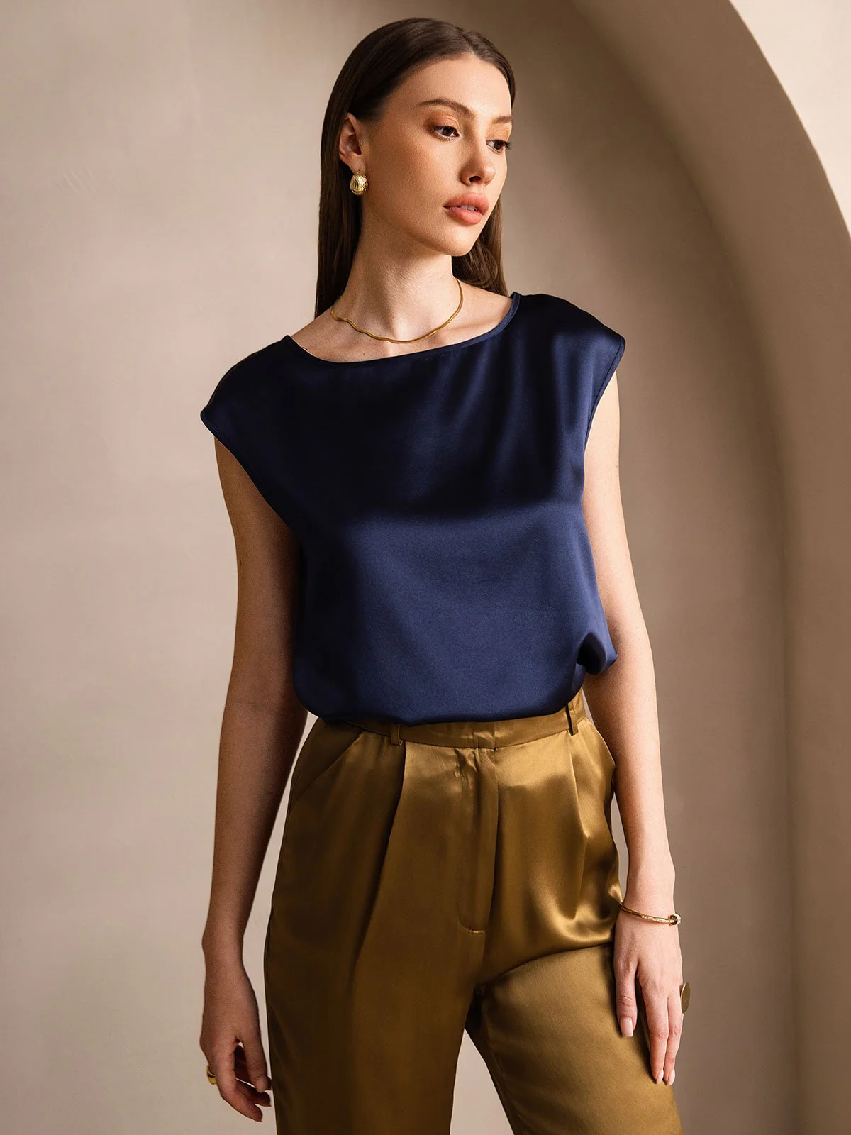 19Momme Women's Silk Cap Sleeve Round Neck Top - Image 30