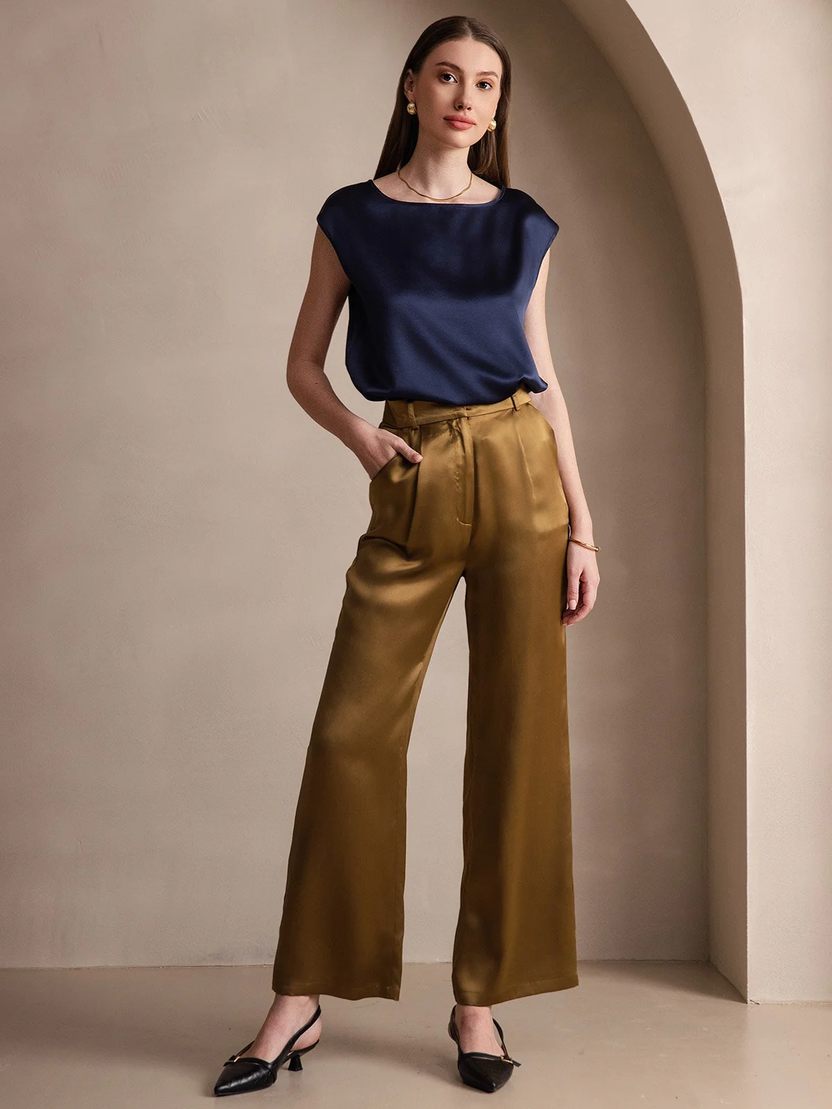 19Momme Women's Silk Cap Sleeve Round Neck Top - Image 35