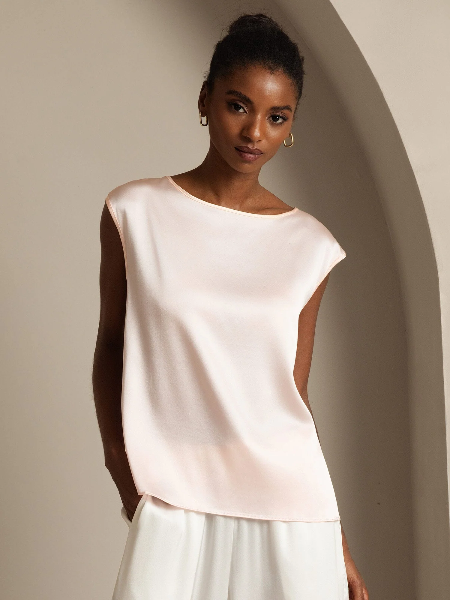 19Momme Women's Silk Cap Sleeve Round Neck Top - Image 36