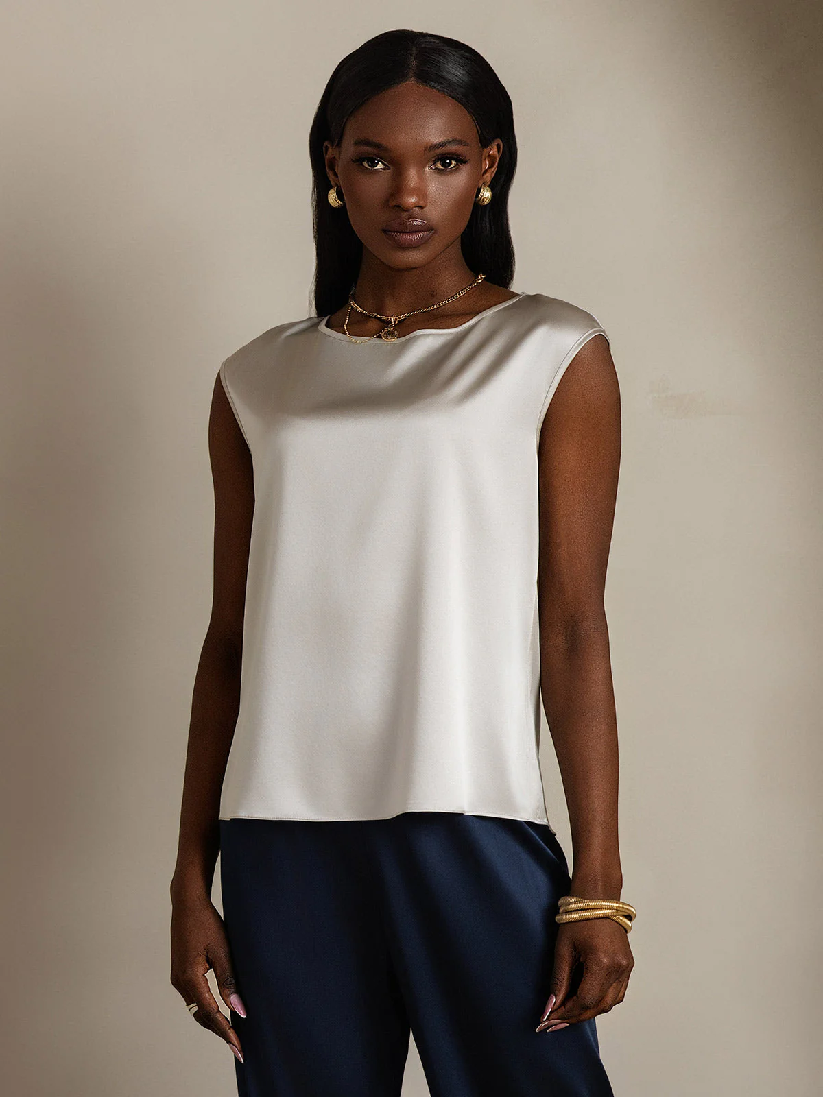 19Momme Women's Silk Cap Sleeve Round Neck Top - Image 55