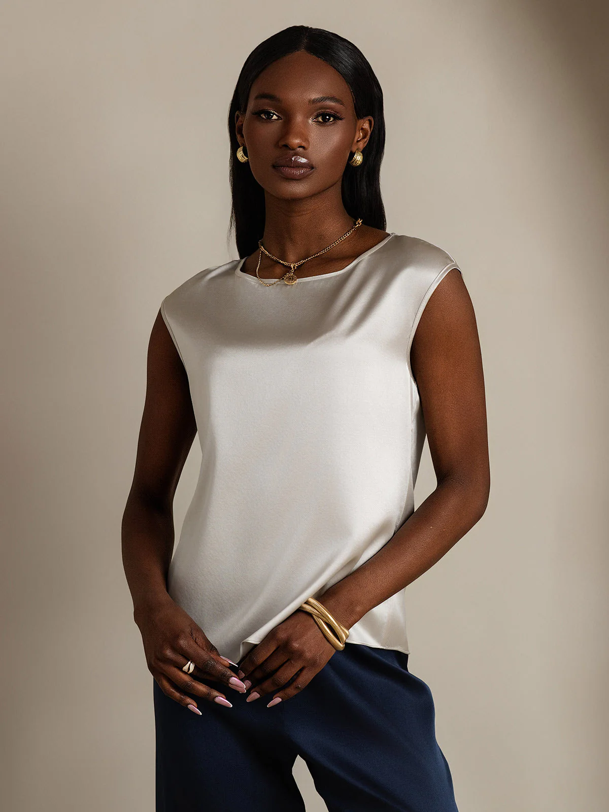 19Momme Women's Silk Cap Sleeve Round Neck Top - Image 57