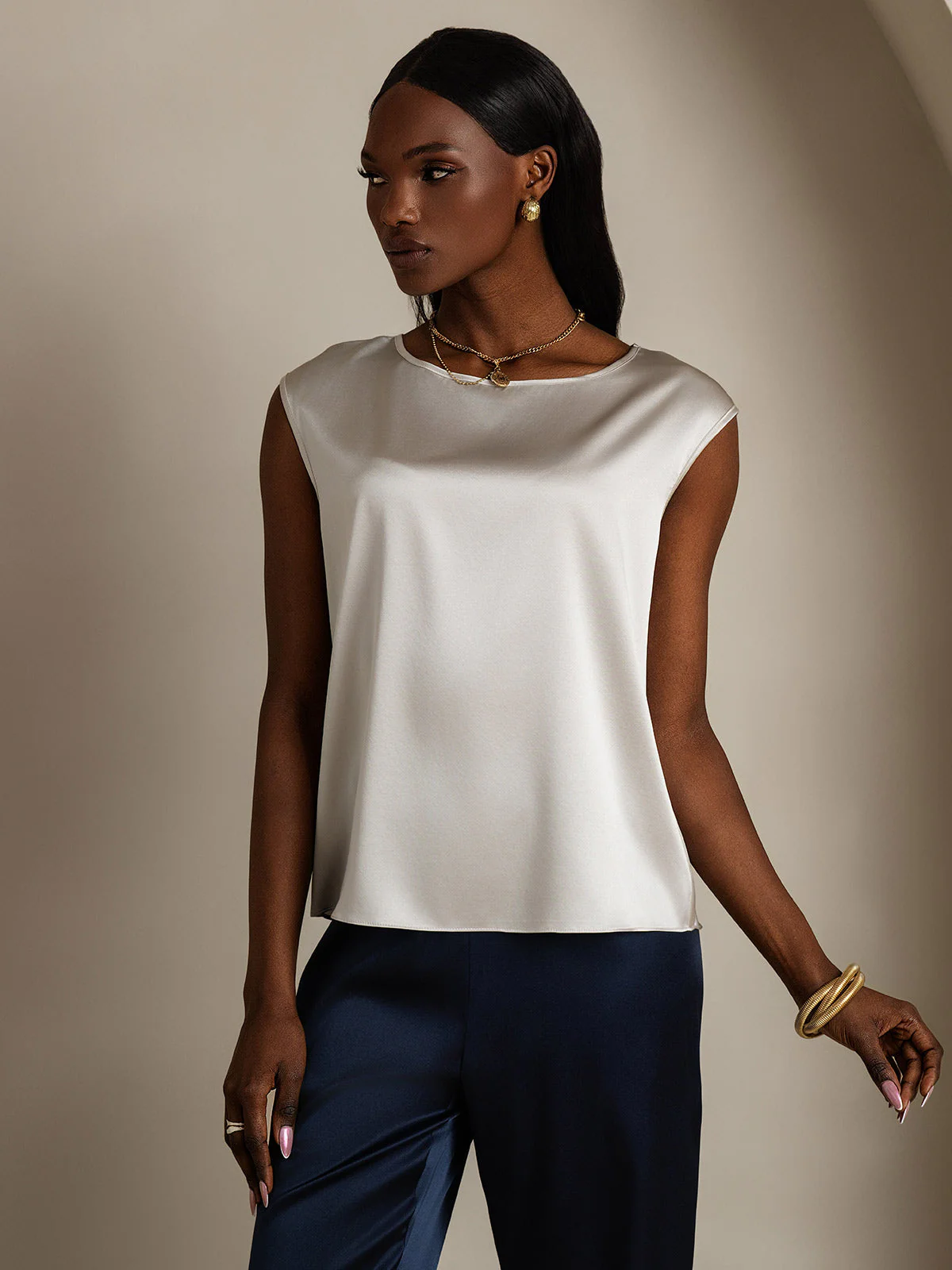 19Momme Women's Silk Cap Sleeve Round Neck Top - Image 58
