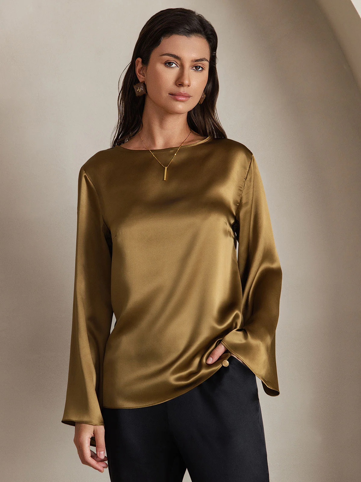 19Momme Silk Bell Sleeve Boat Neck Women's Top - Image 10