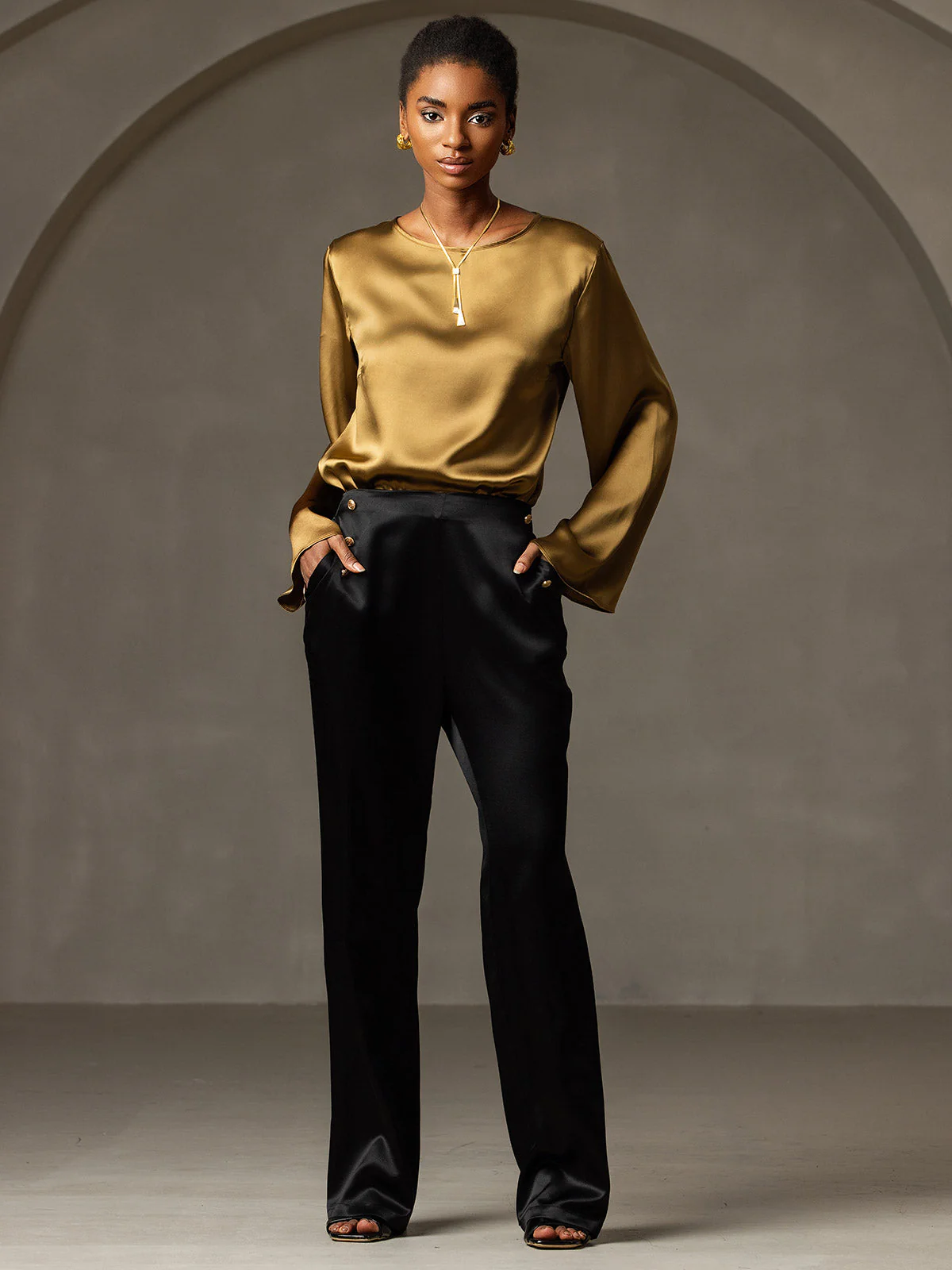 19Momme Silk Bell Sleeve Boat Neck Women's Top - Image 15