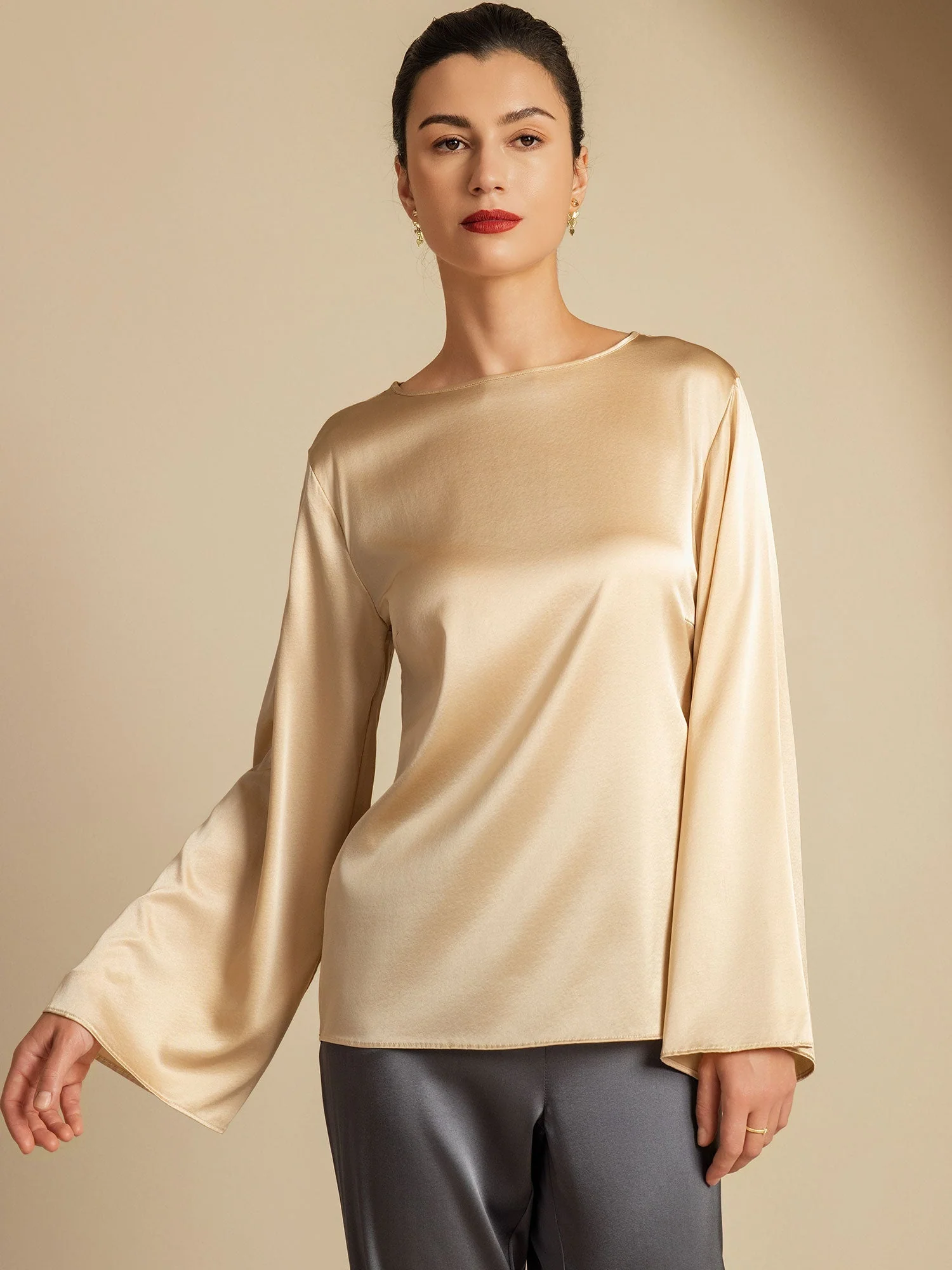 19Momme Silk Bell Sleeve Boat Neck Women's Top - Image 16