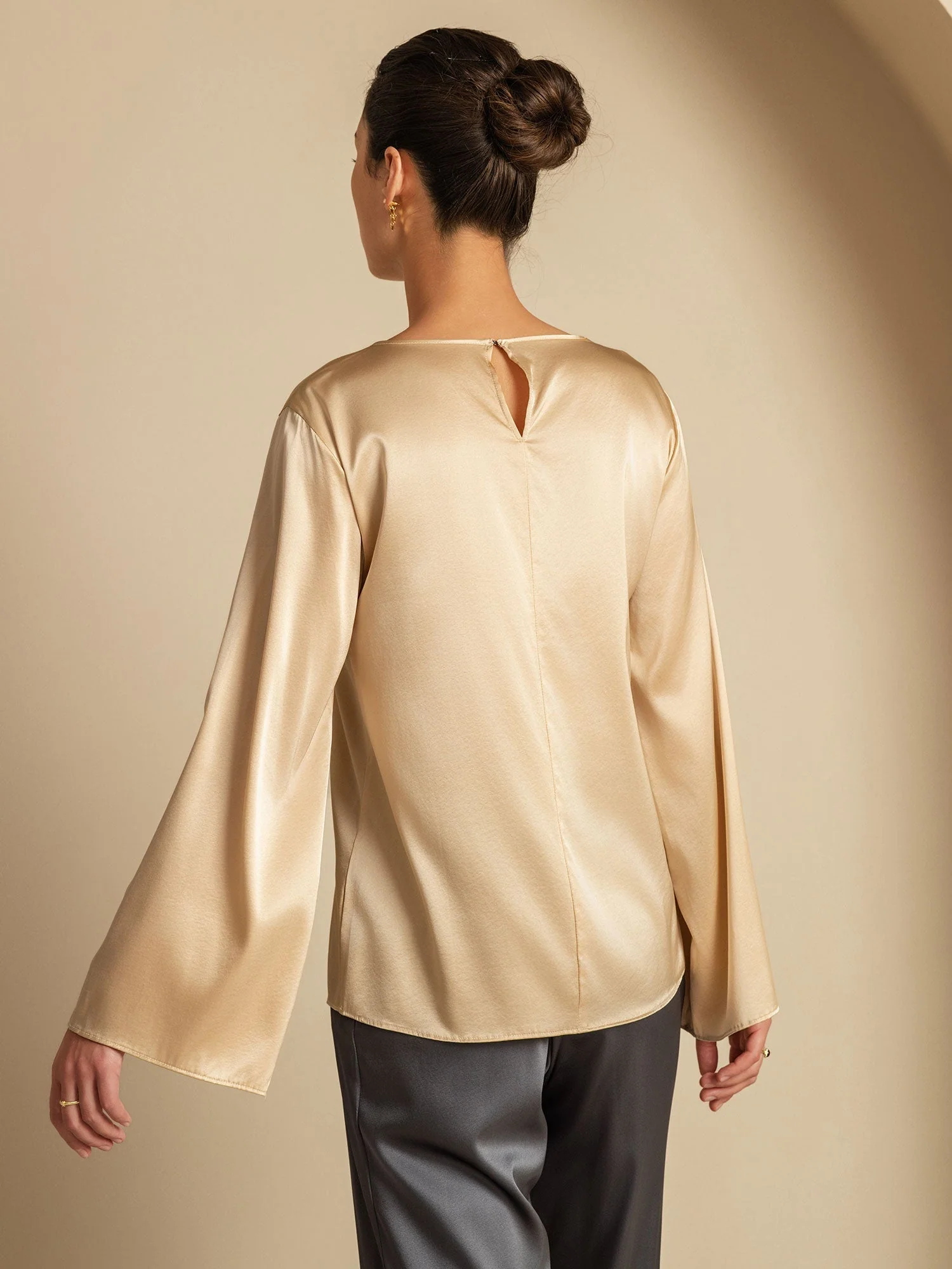 19Momme Silk Bell Sleeve Boat Neck Women's Top - Image 17
