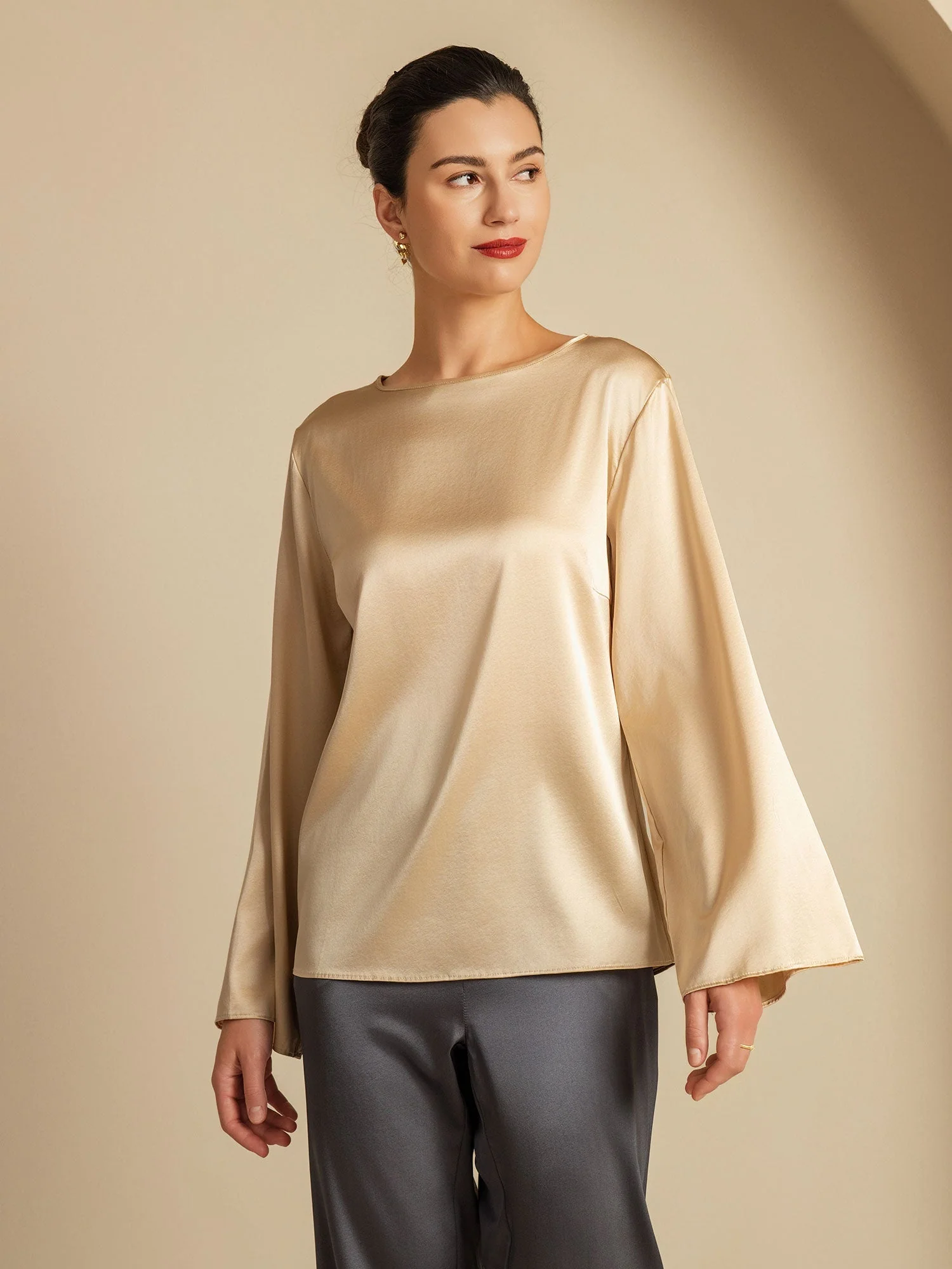 19Momme Silk Bell Sleeve Boat Neck Women's Top - Image 19