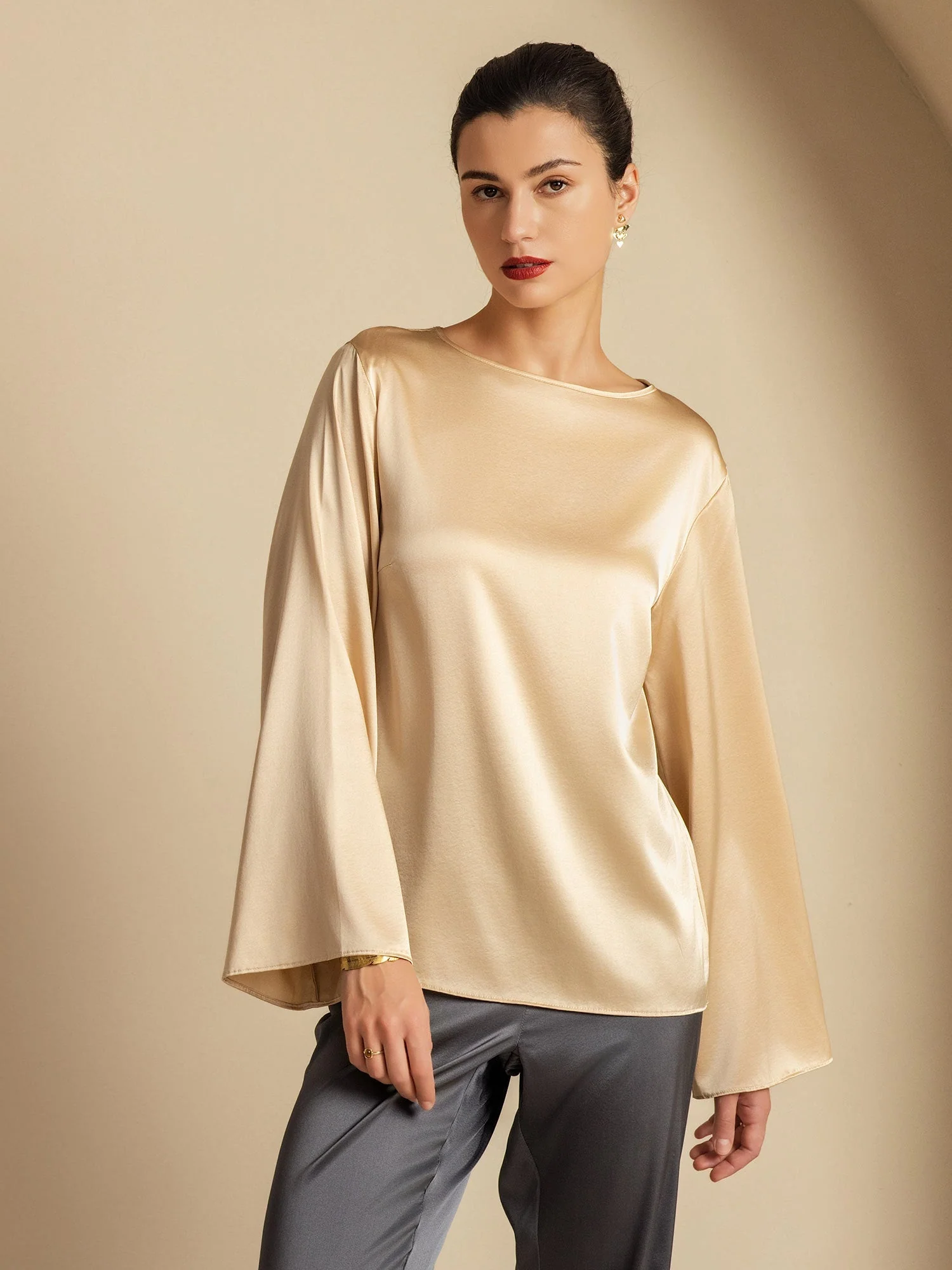 19Momme Silk Bell Sleeve Boat Neck Women's Top - Image 20