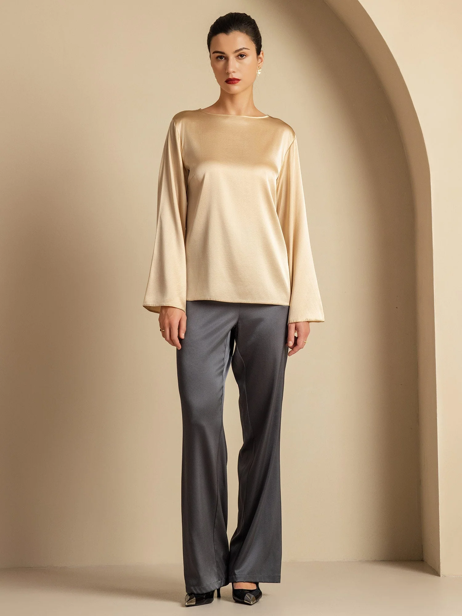19Momme Silk Bell Sleeve Boat Neck Women's Top - Image 22