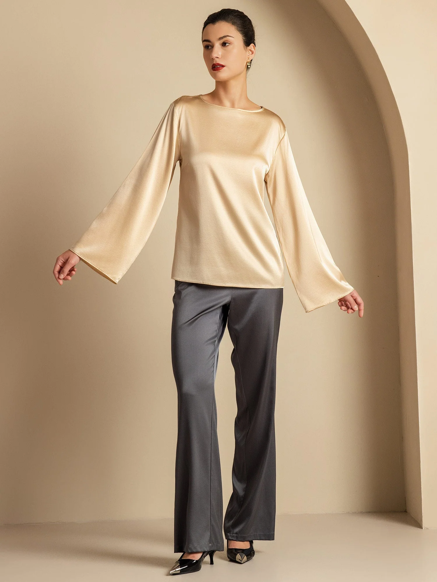 19Momme Silk Bell Sleeve Boat Neck Women's Top - Image 23