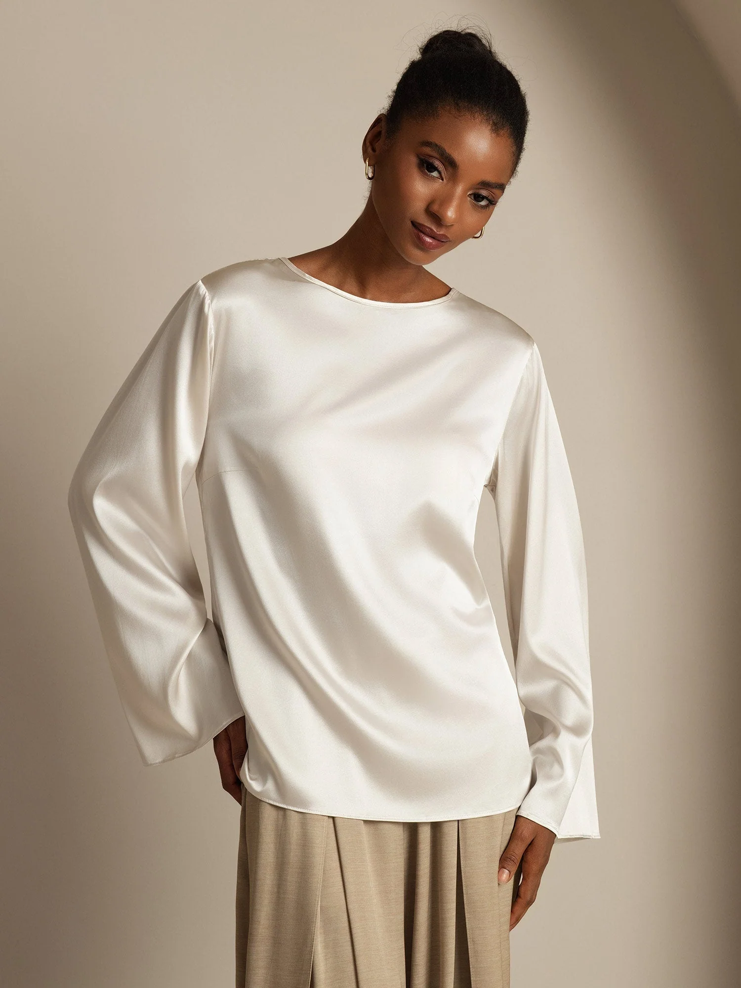 19Momme Silk Bell Sleeve Boat Neck Women's Top - Image 25