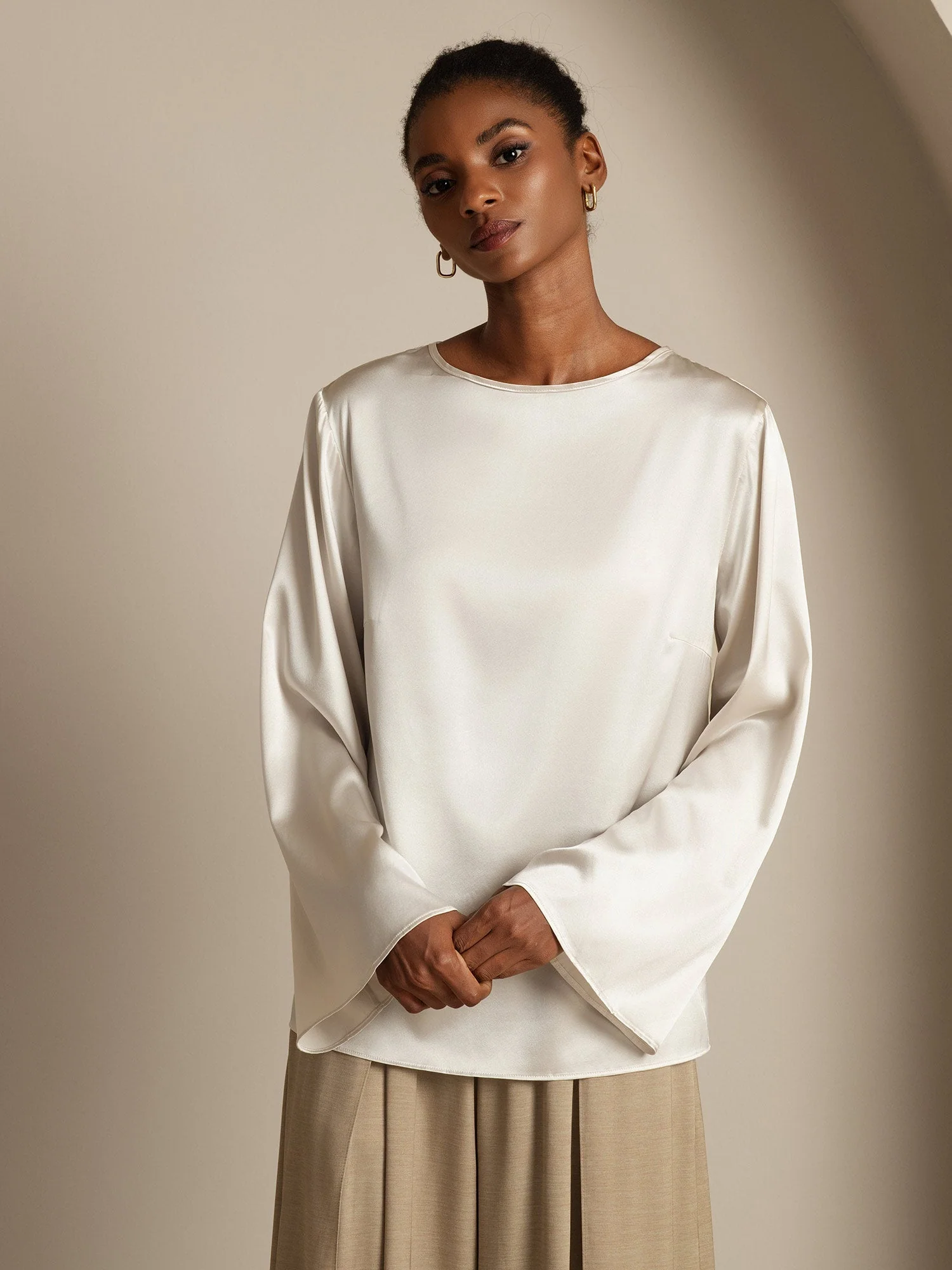 19Momme Silk Bell Sleeve Boat Neck Women's Top - Image 27