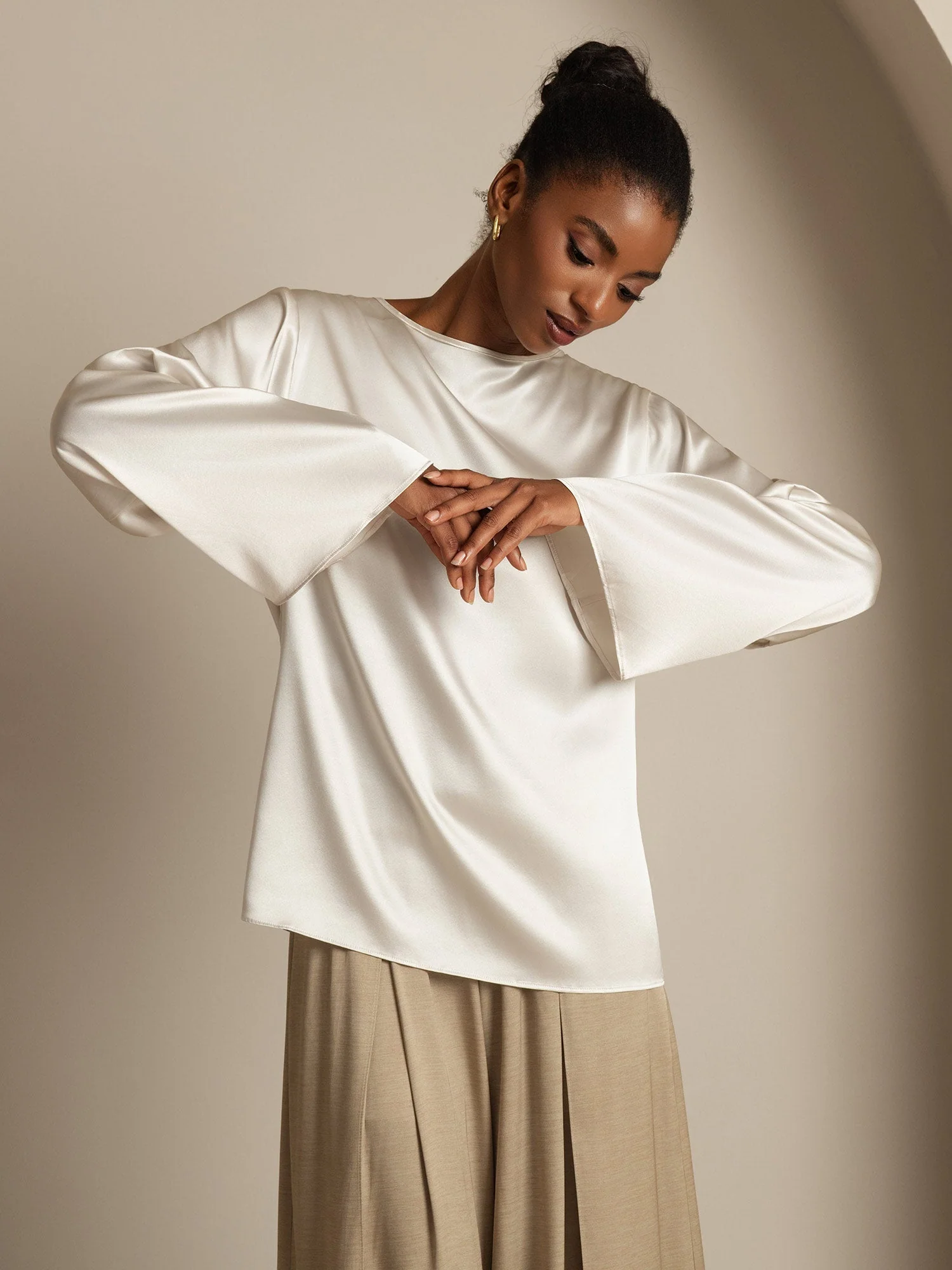 19Momme Silk Bell Sleeve Boat Neck Women's Top - Image 28