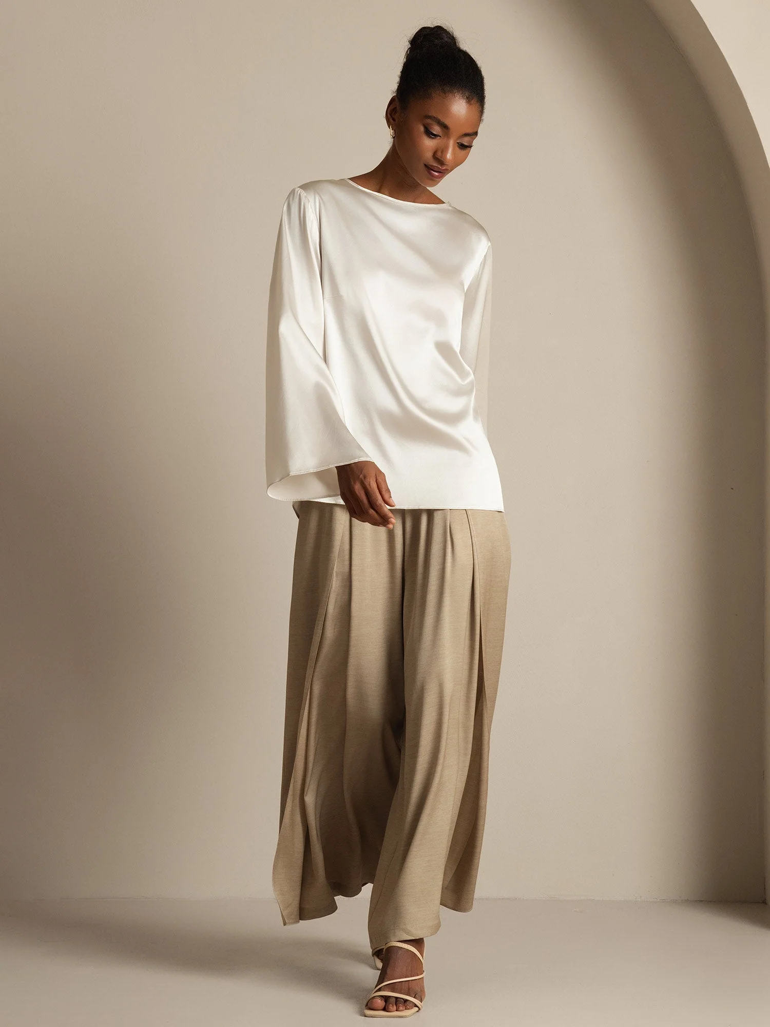 19Momme Silk Bell Sleeve Boat Neck Women's Top - Image 32