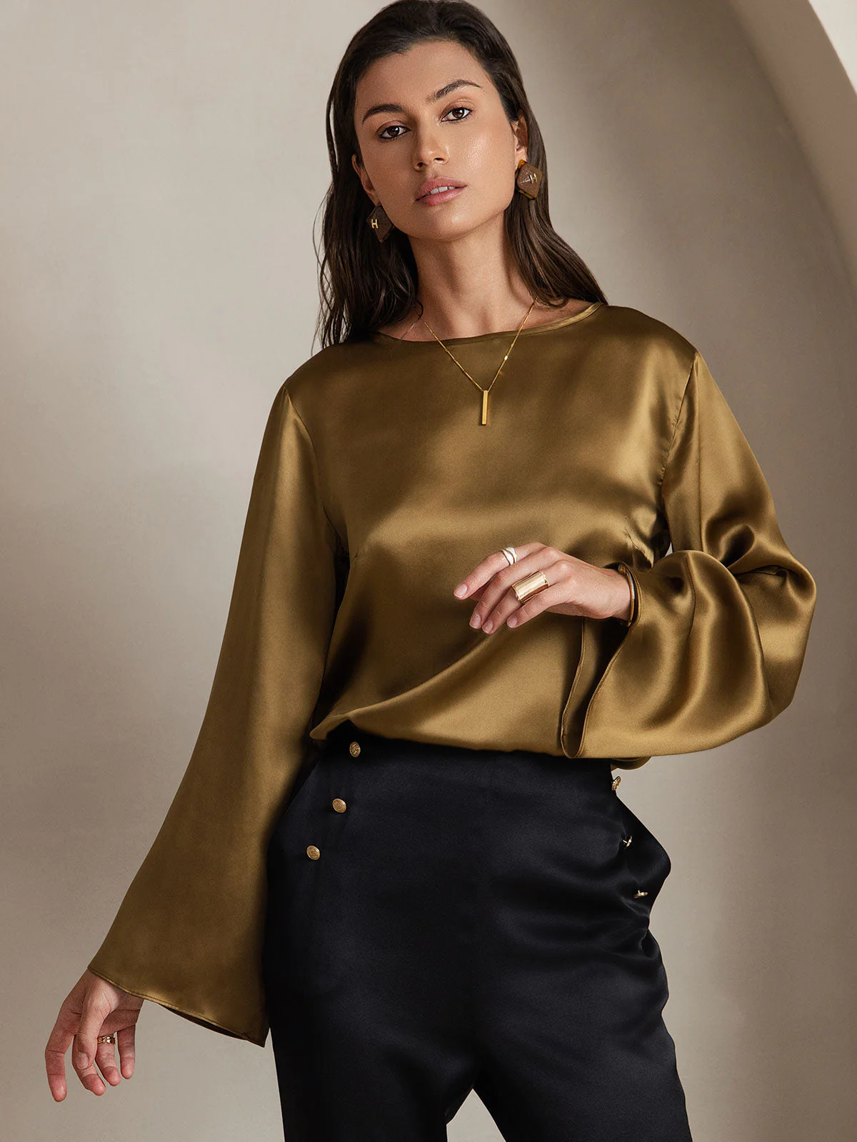 19Momme Silk Bell Sleeve Boat Neck Women's Top - Image 8