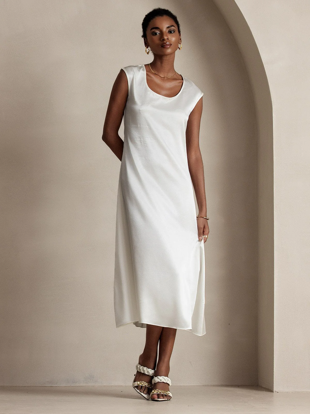 19Momme Silk Cap Sleeve Round Neck Midi Dress - Image 24