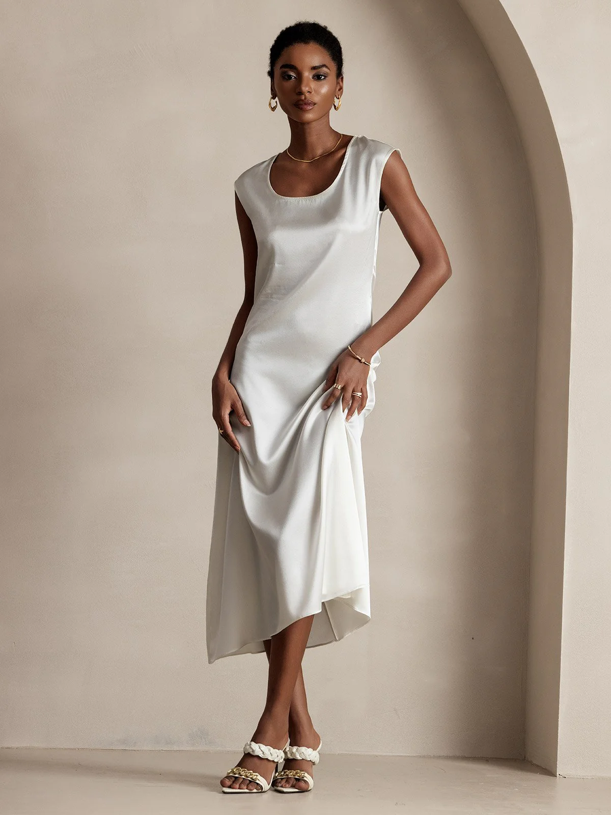 19Momme Silk Cap Sleeve Round Neck Midi Dress - Image 26