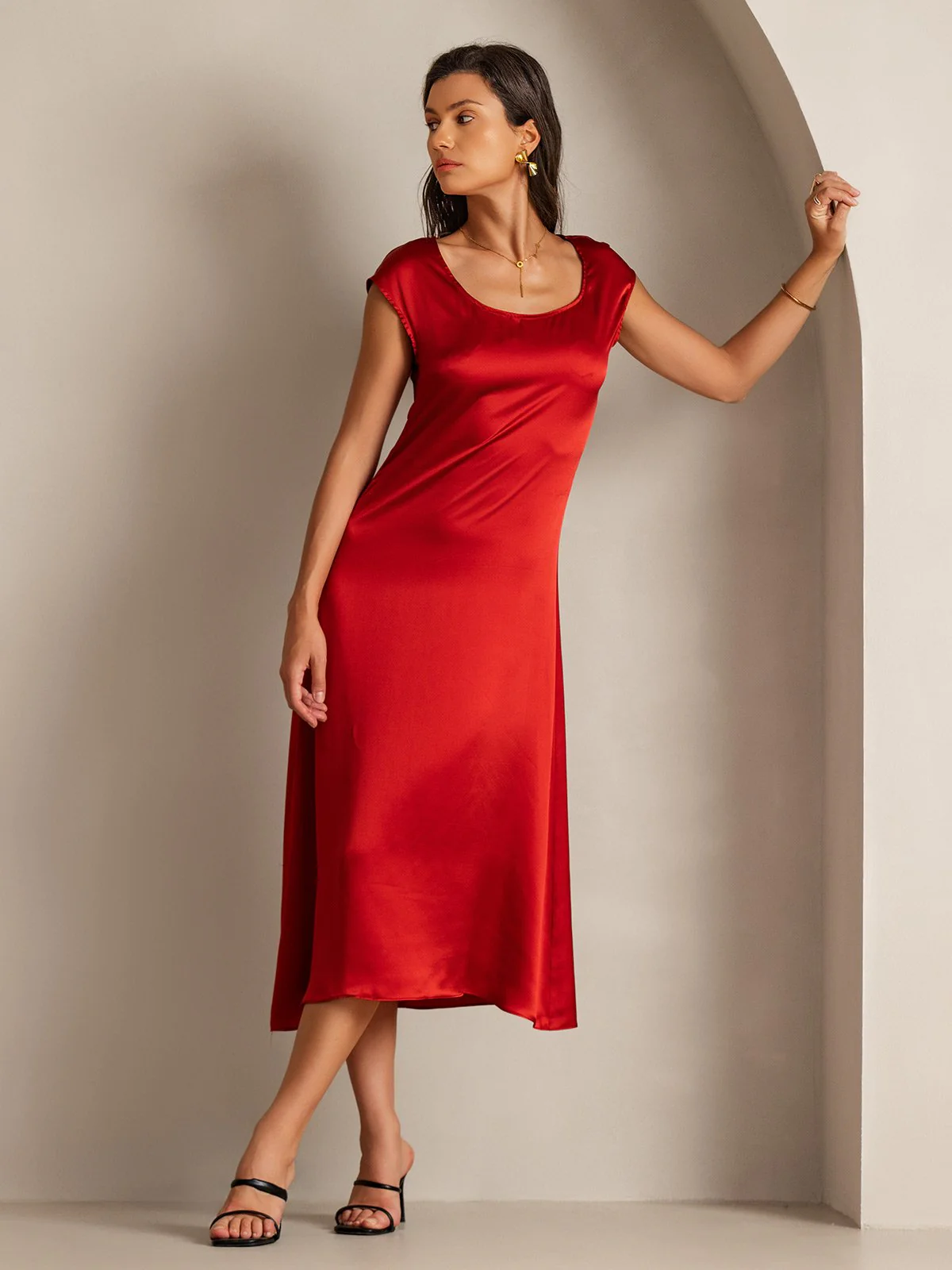 19Momme Silk Cap Sleeve Round Neck Midi Dress - Image 31