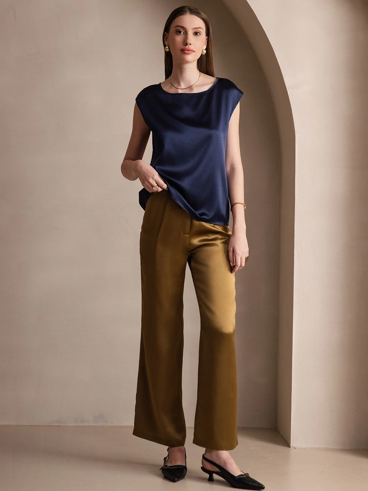 19Momme Silk Cap Sleeve Round Neck Women's Top - Image 21