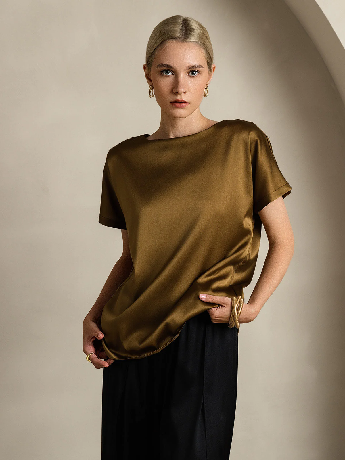 19Momme Silk Short Sleeve Boat Neck Women's T-Shirt - Image 35