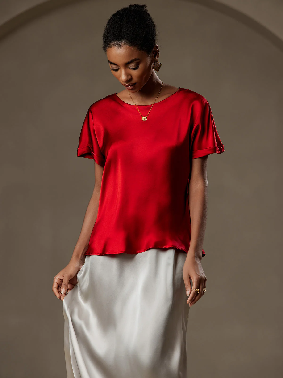 19Momme Silk Short Sleeve Boat Neck Women's T-Shirt - Image 44