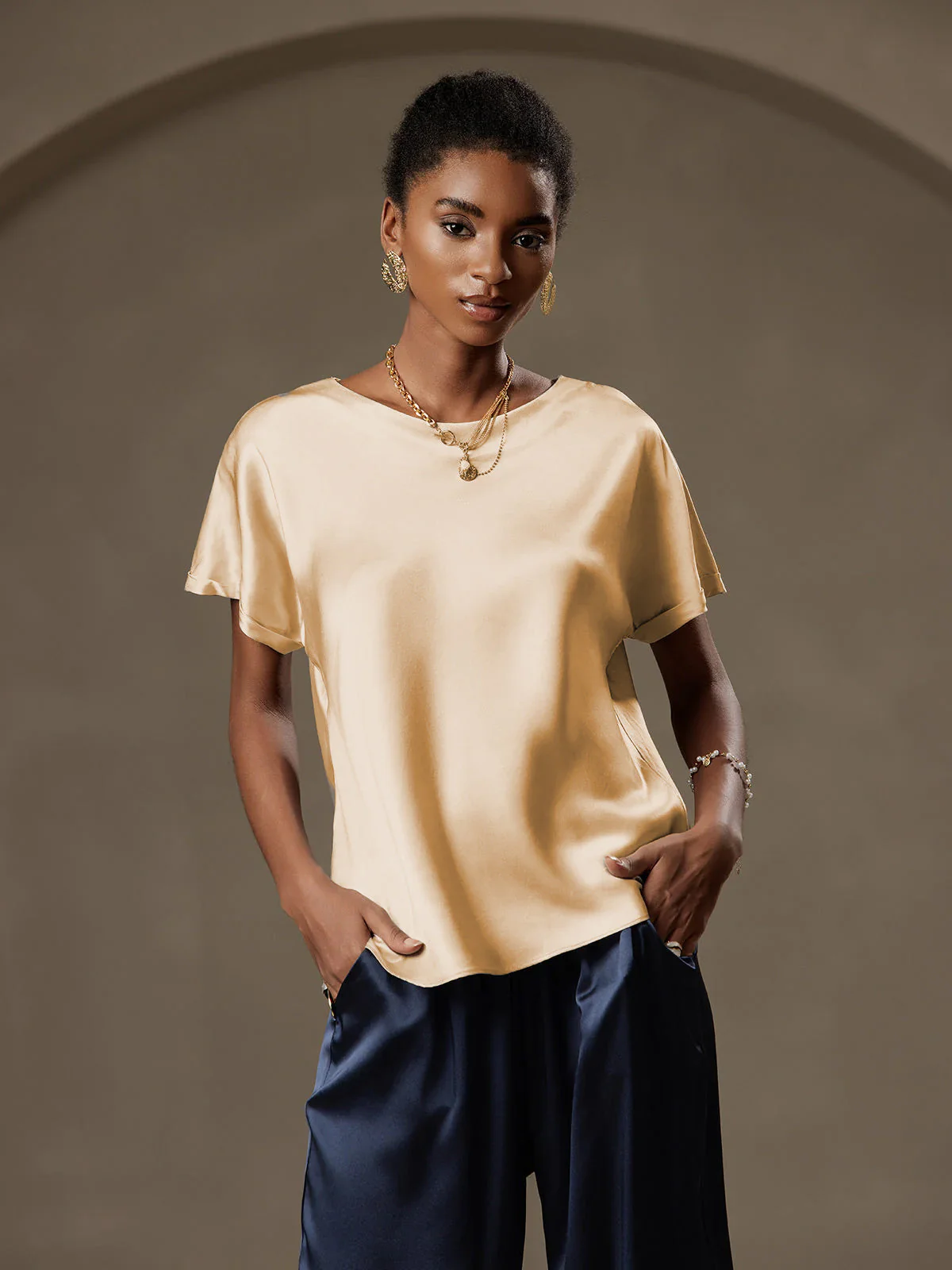 19Momme Silk Short Sleeve Boat Neck Women's T-Shirt - Image 55
