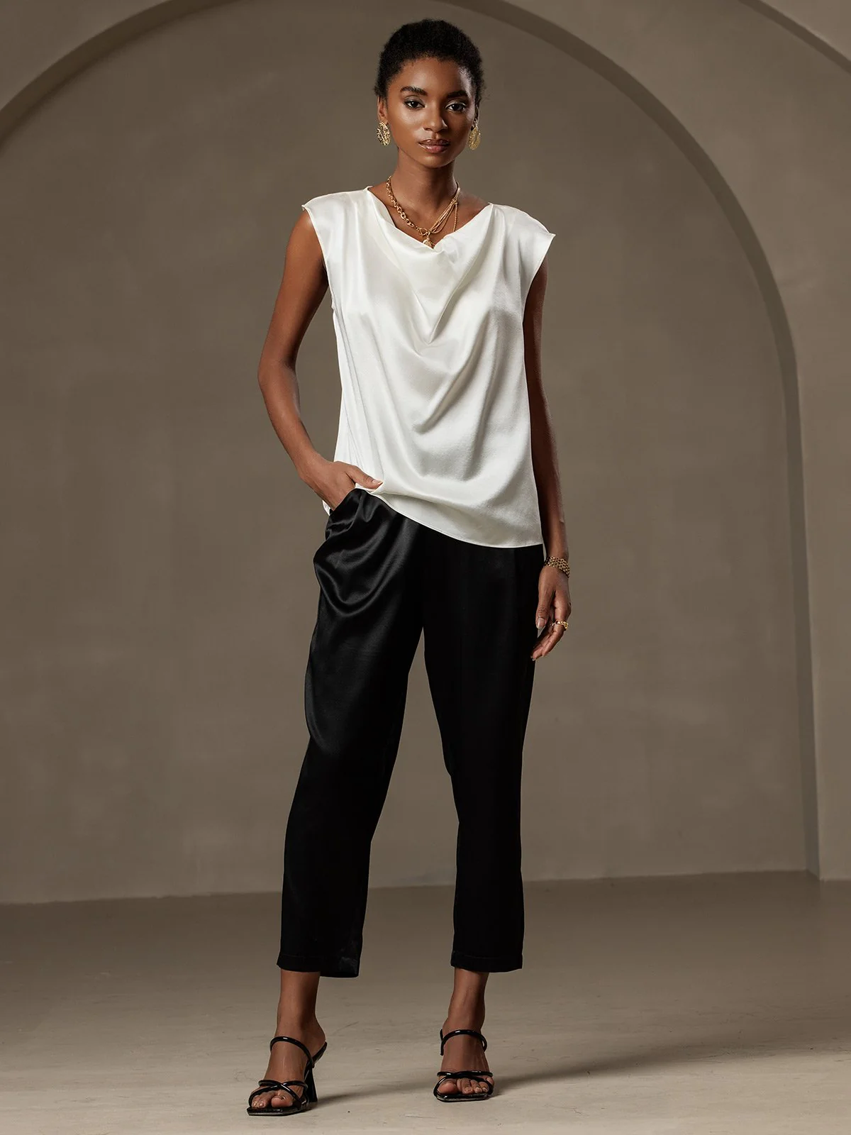 19Momme Silk Cap Sleeve Cowl Neck Women's Top - Image 17