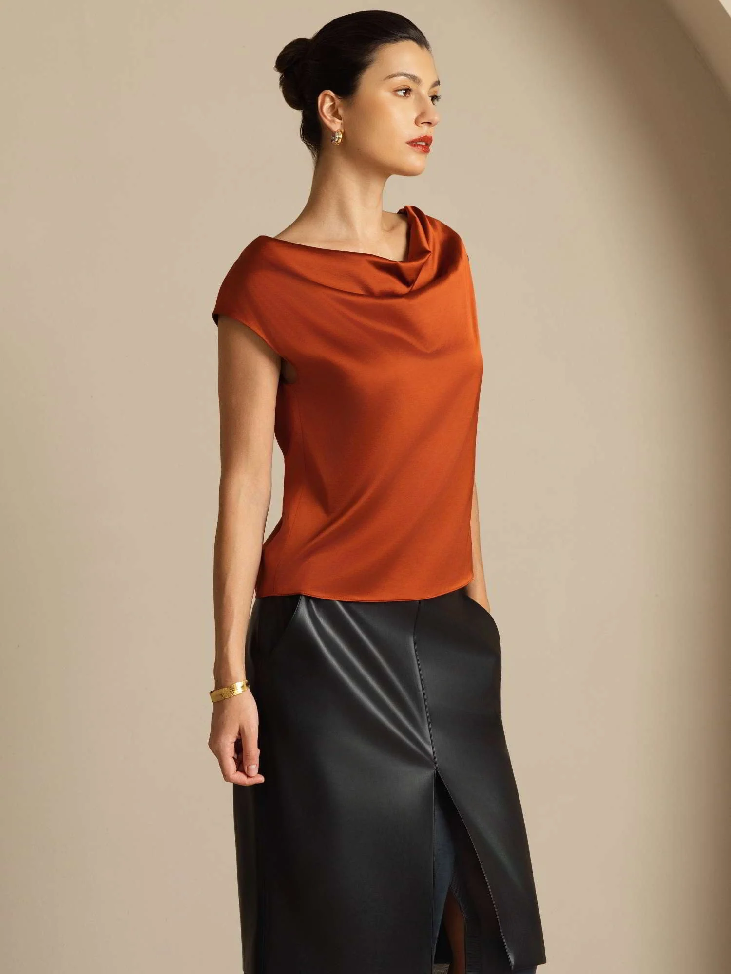 19Momme Silk Cap Sleeve Cowl Neck Women's Top - Image 41