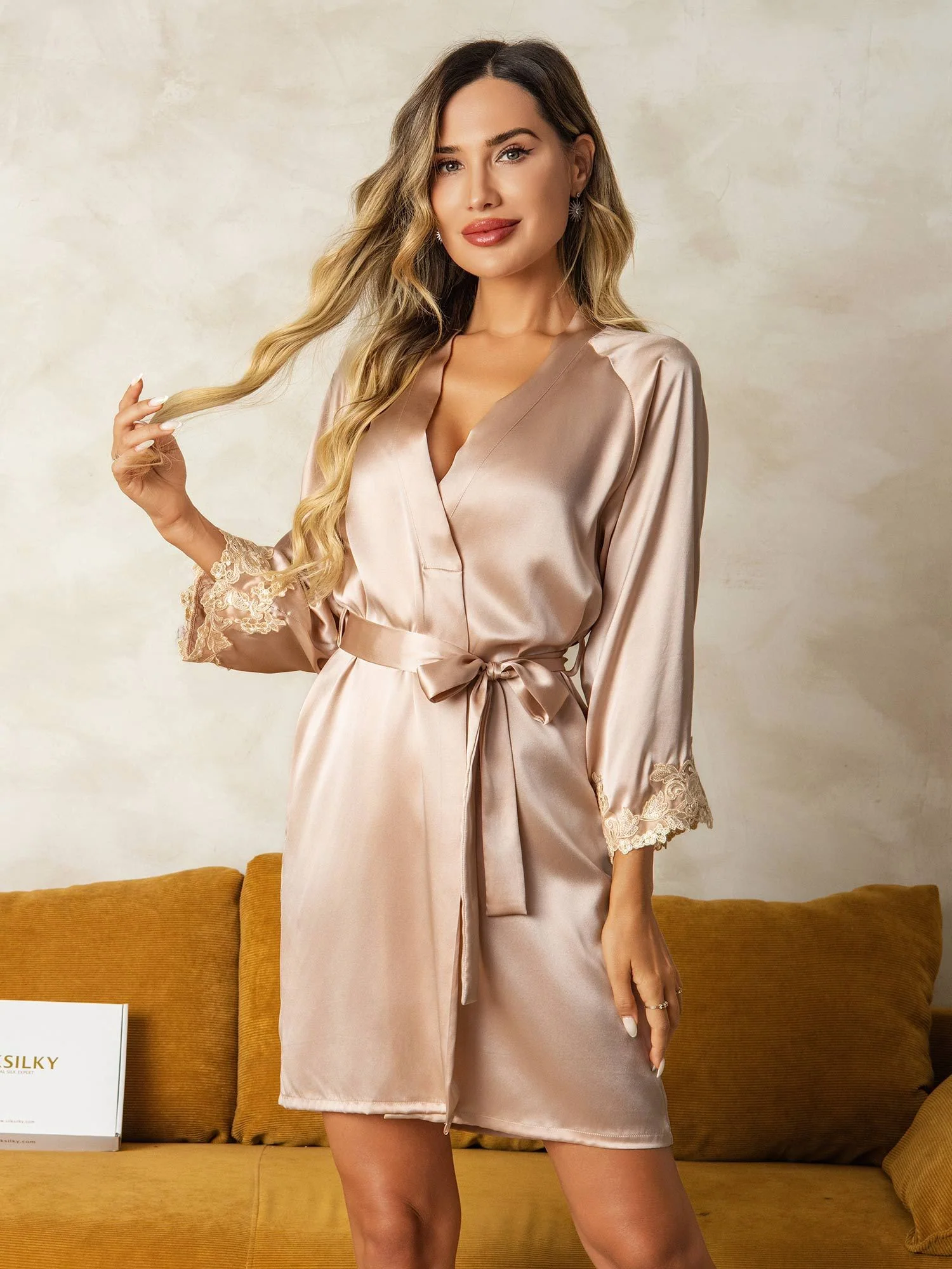 100% Mulberry Silk Lace Cuffs Robe Wrap Kimono Belted with 3/4 Sleeves - Image 3