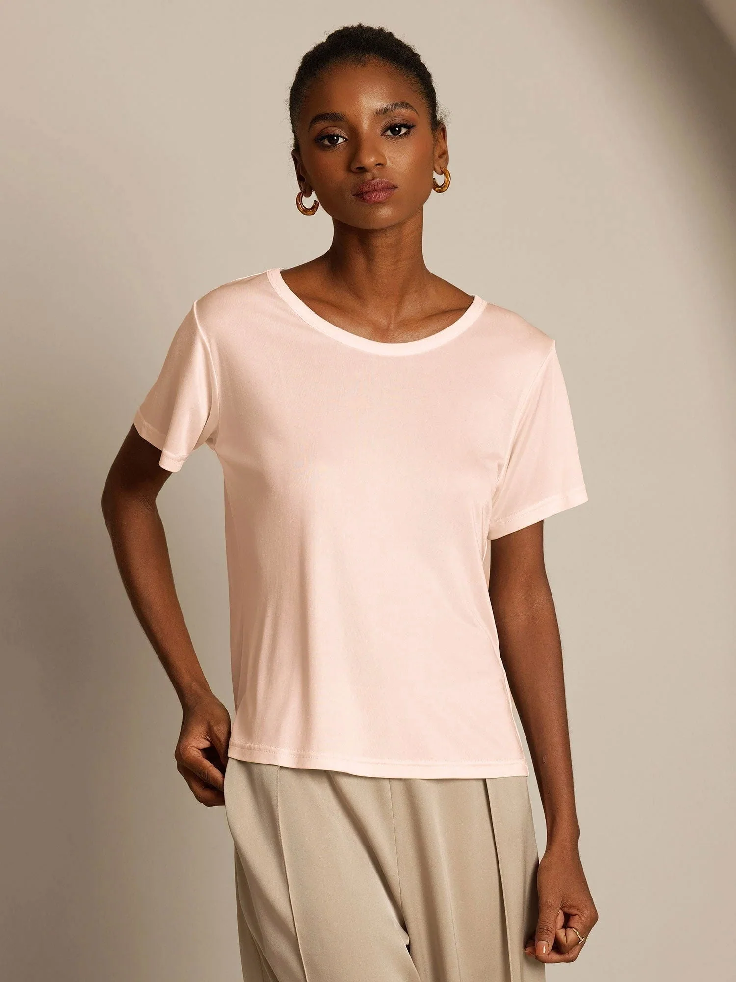 Women's Pure Silk Short Sleeve Round Neck T-Shirt - Image 16