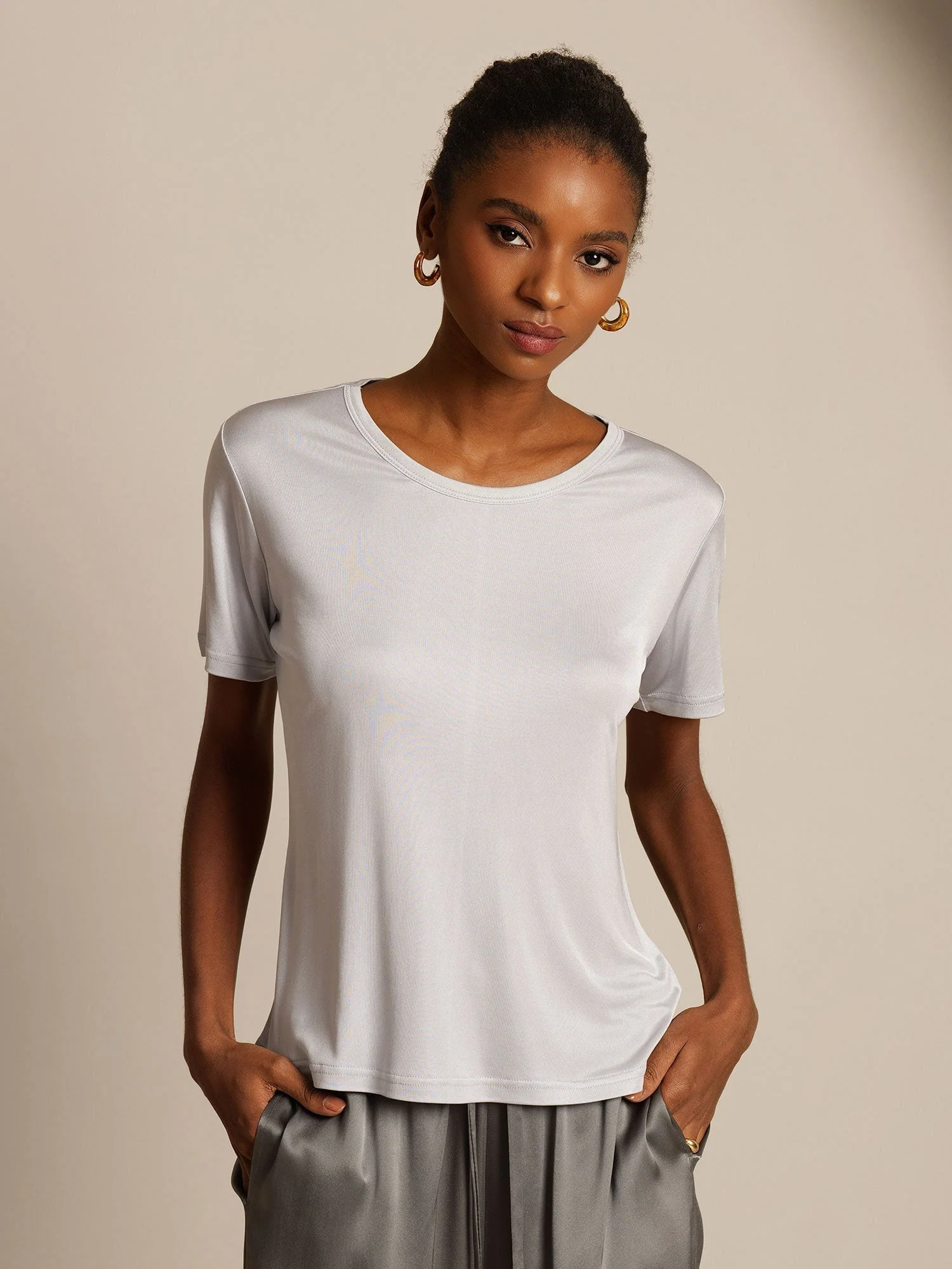 Women's Pure Silk Short Sleeve Round Neck T-Shirt - Image 23