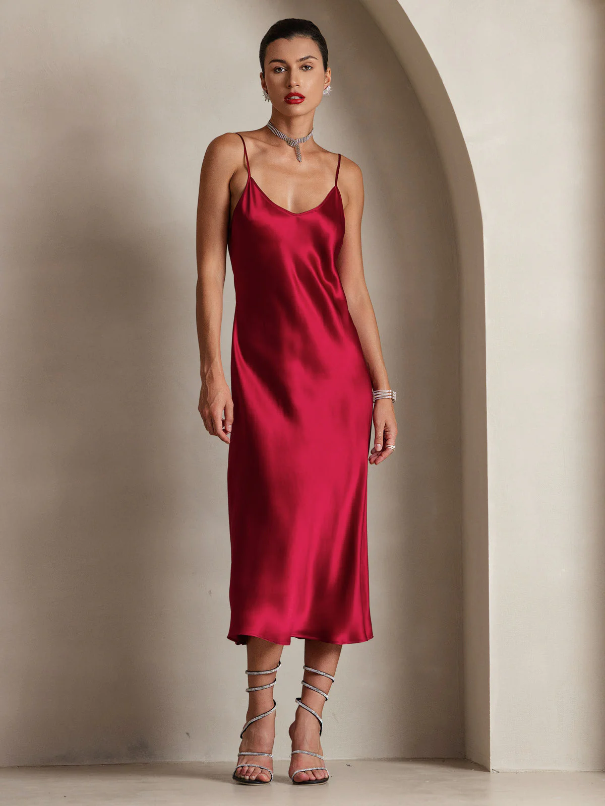 100% Mulberry Silk Spaghetti Strap Midi Long Dress - Image 11