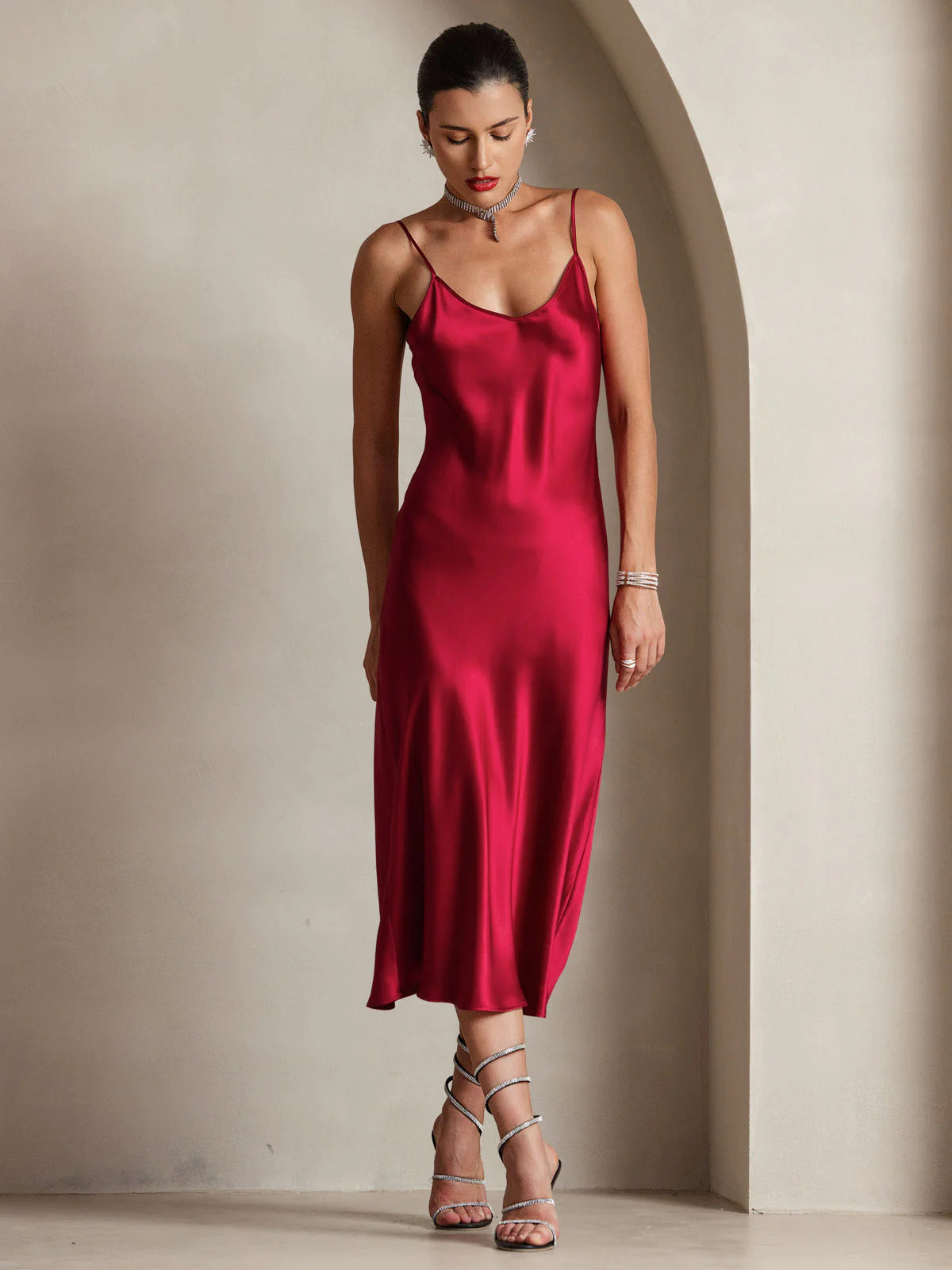 100% Mulberry Silk Spaghetti Strap Midi Long Dress - Image 12