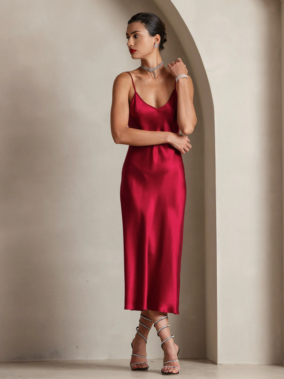 100% Mulberry Silk Spaghetti Strap Midi Long Dress - Image 13