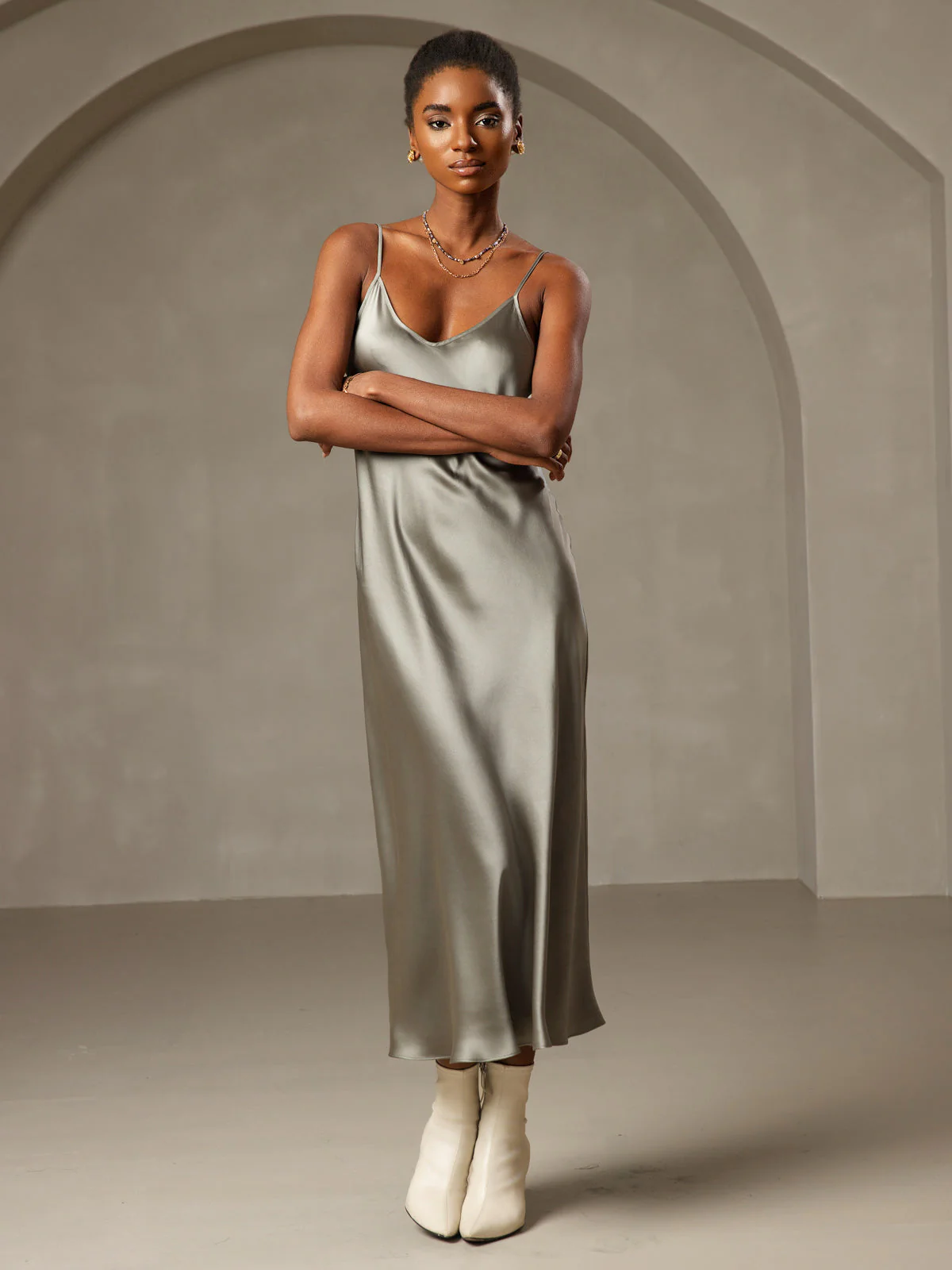 100% Mulberry Silk Spaghetti Strap Midi Long Dress - Image 27
