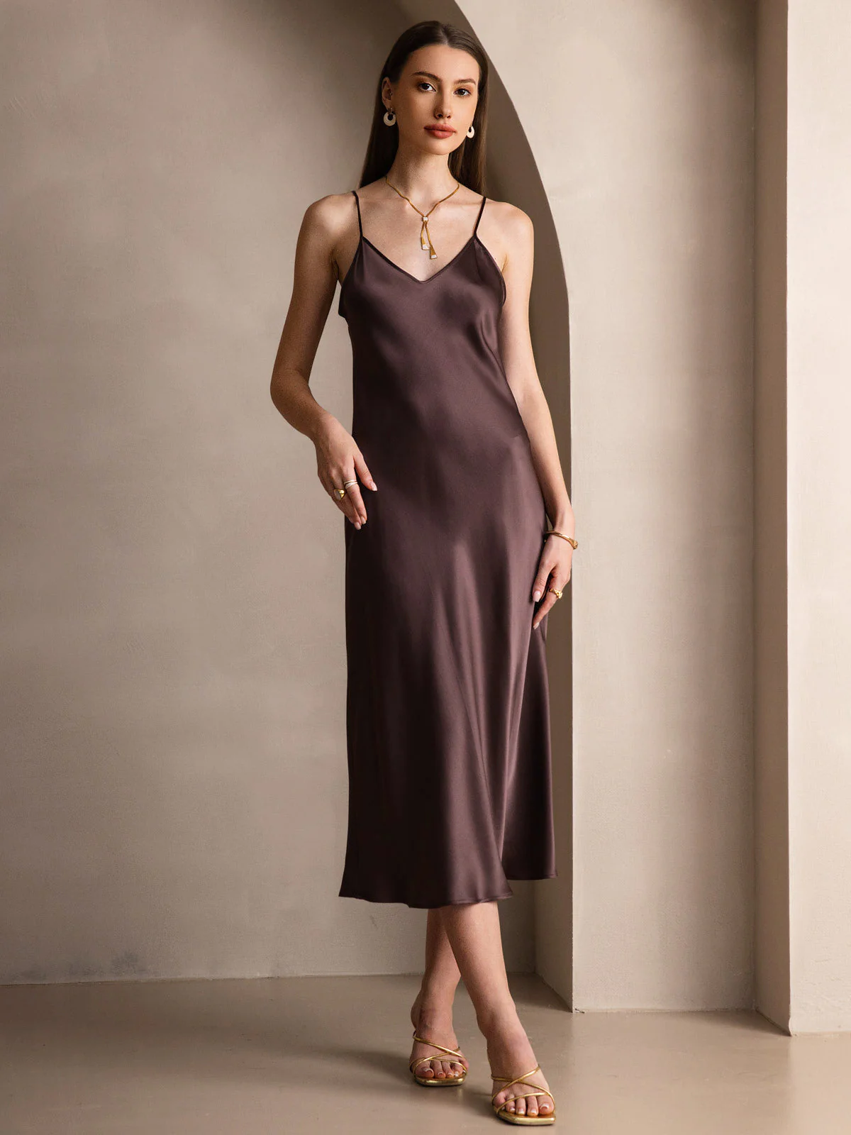100% Mulberry Silk Spaghetti Strap Midi Long Dress - Image 41