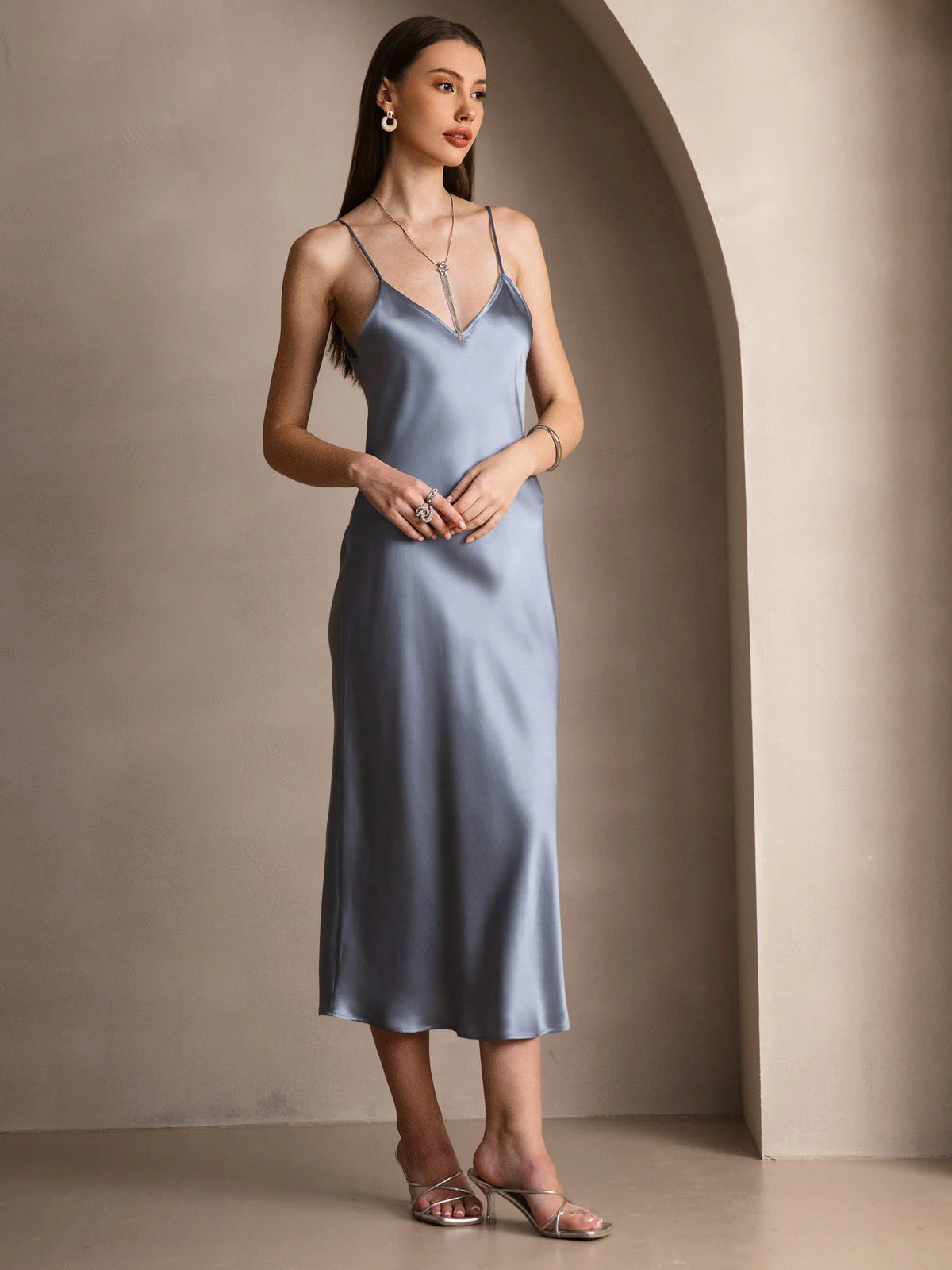 100% Mulberry Silk Spaghetti Strap Midi Long Dress - Image 48
