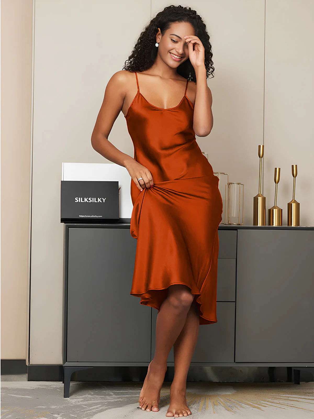 100% Mulberry Silk Spaghetti Strap Midi Long Dress - Image 57