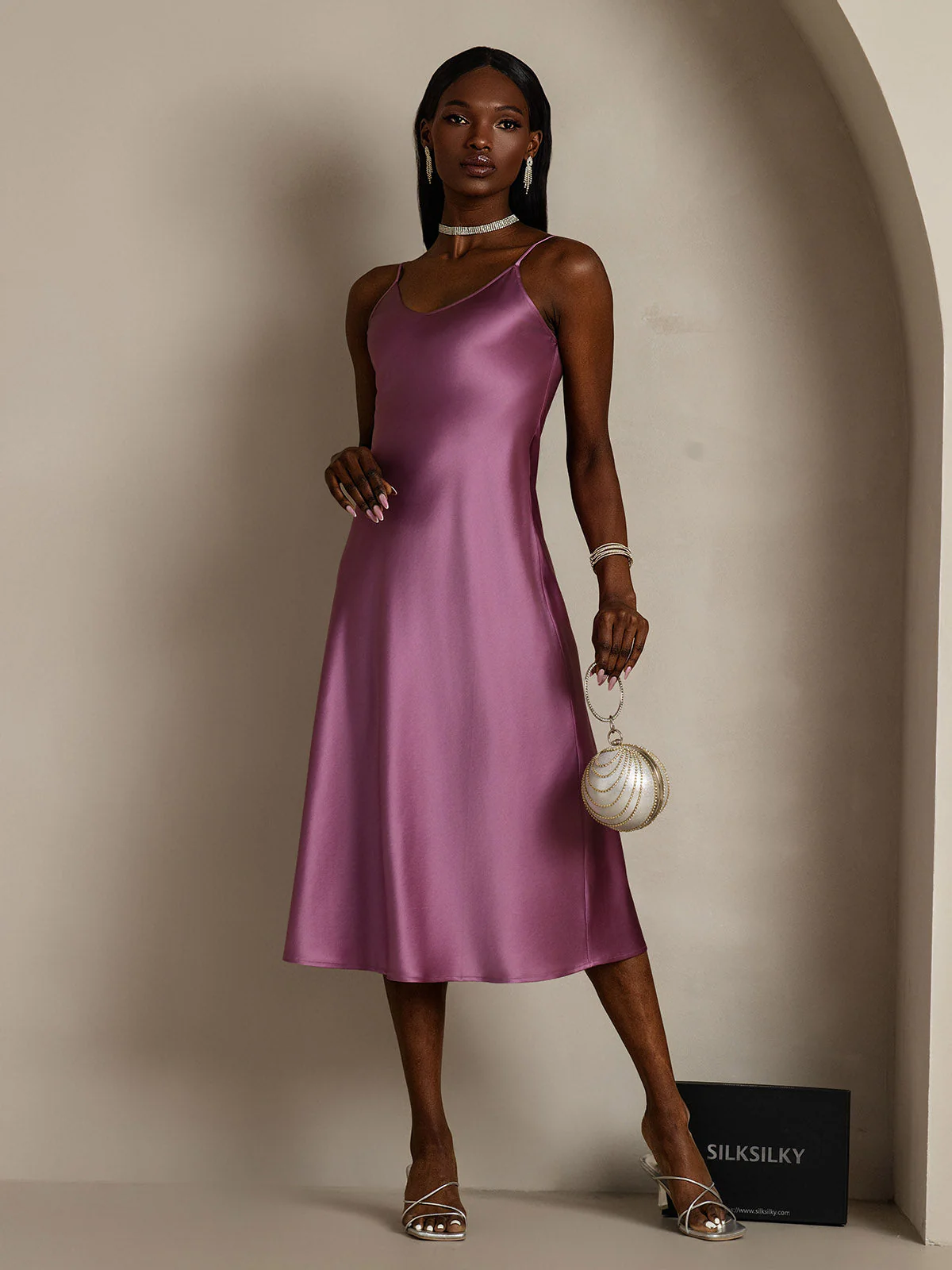 100% Mulberry Silk Spaghetti Strap Midi Long Dress - Image 67
