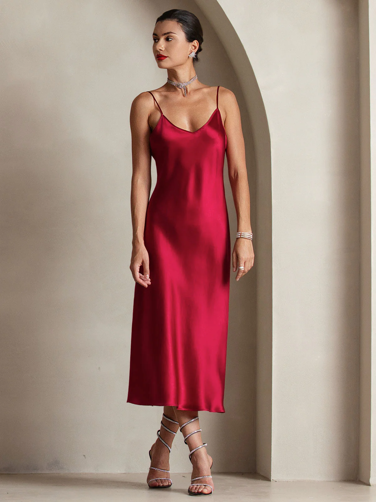 100% Mulberry Silk Spaghetti Strap Midi Long Dress - Image 8
