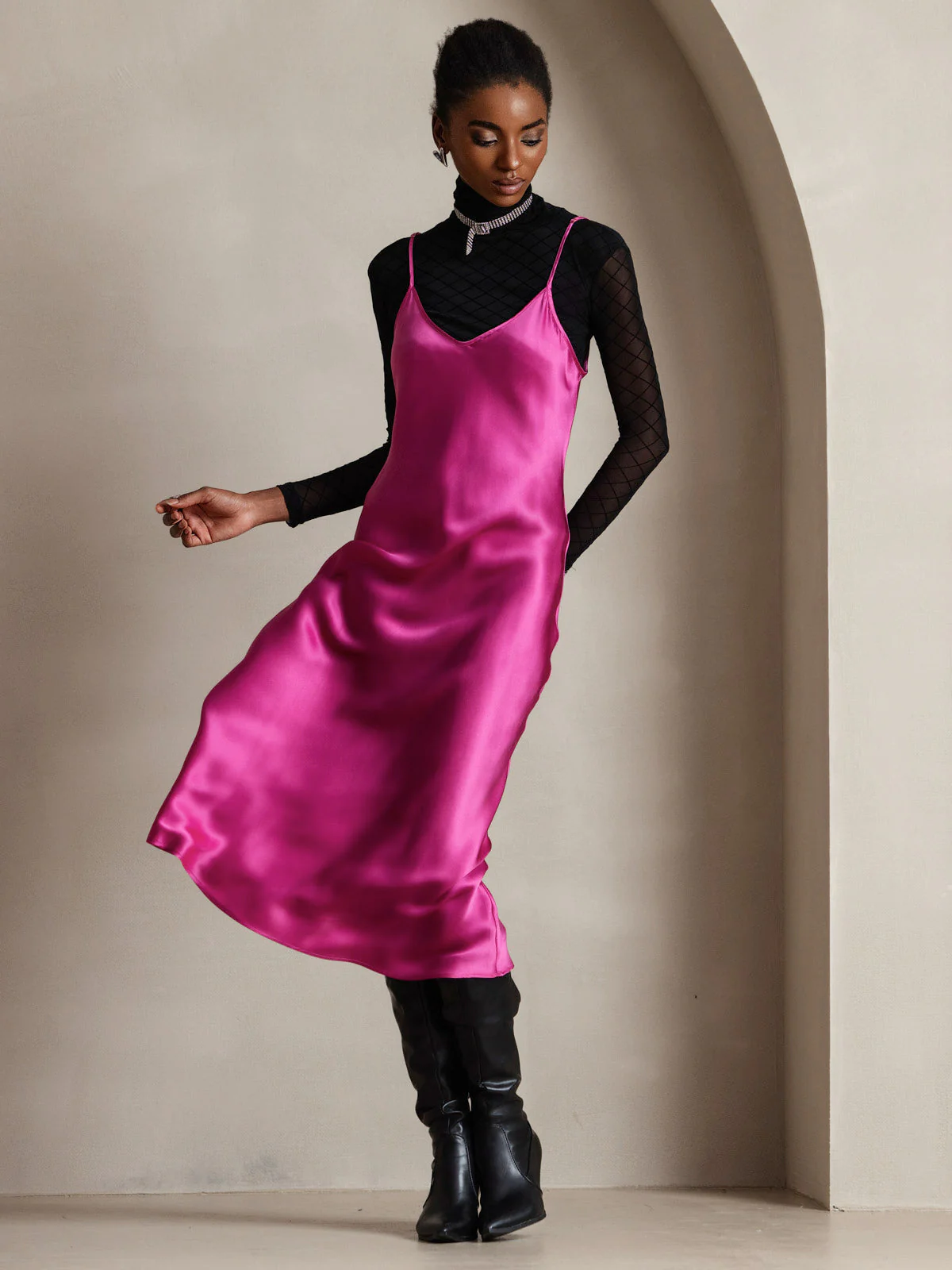 100% Mulberry Silk Spaghetti Strap Midi Long Dress - Image 85