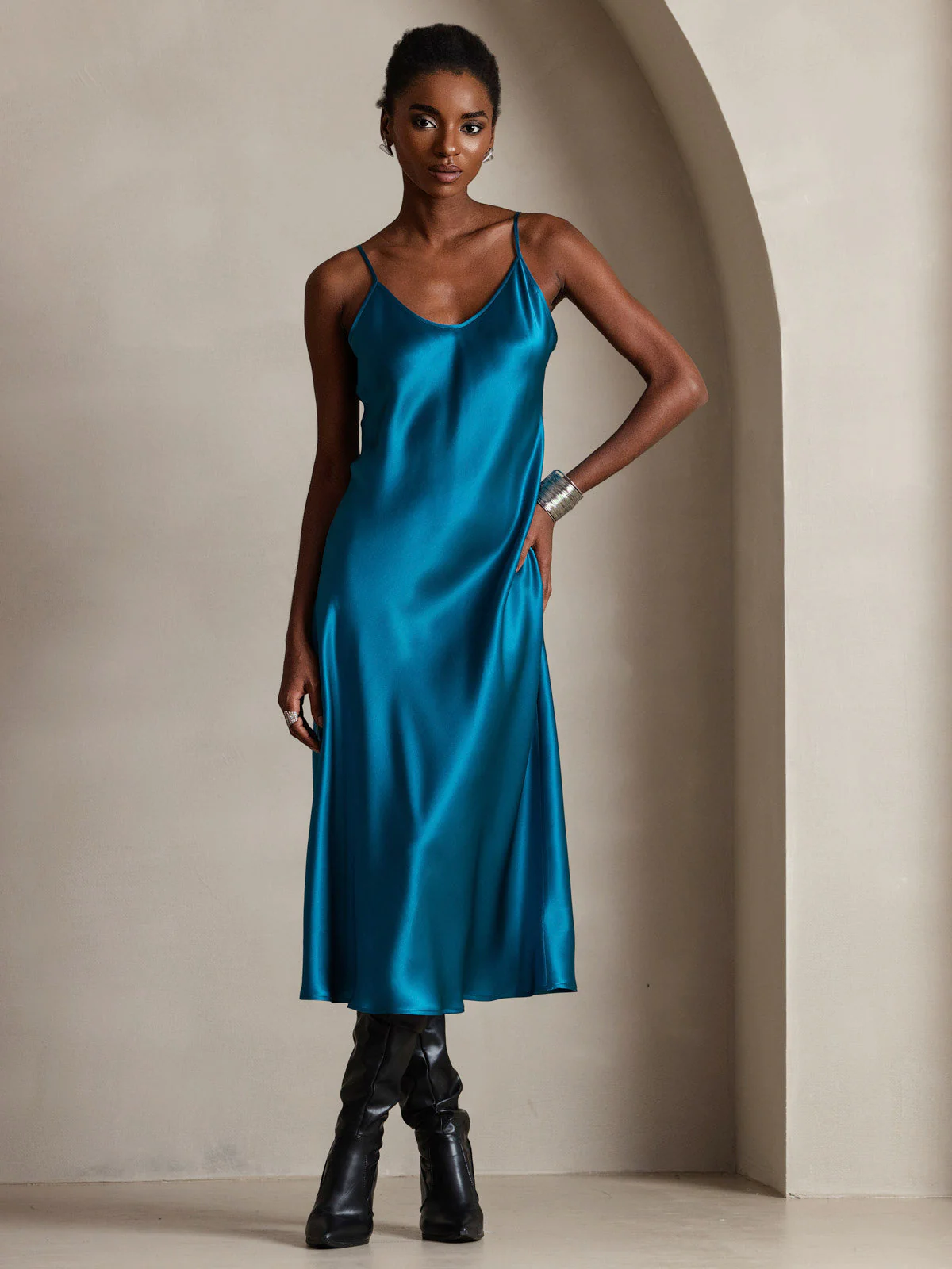 100% Mulberry Silk Spaghetti Strap Midi Long Dress - Image 87