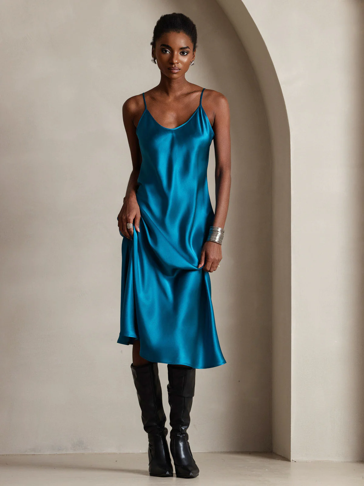 100% Mulberry Silk Spaghetti Strap Midi Long Dress - Image 90