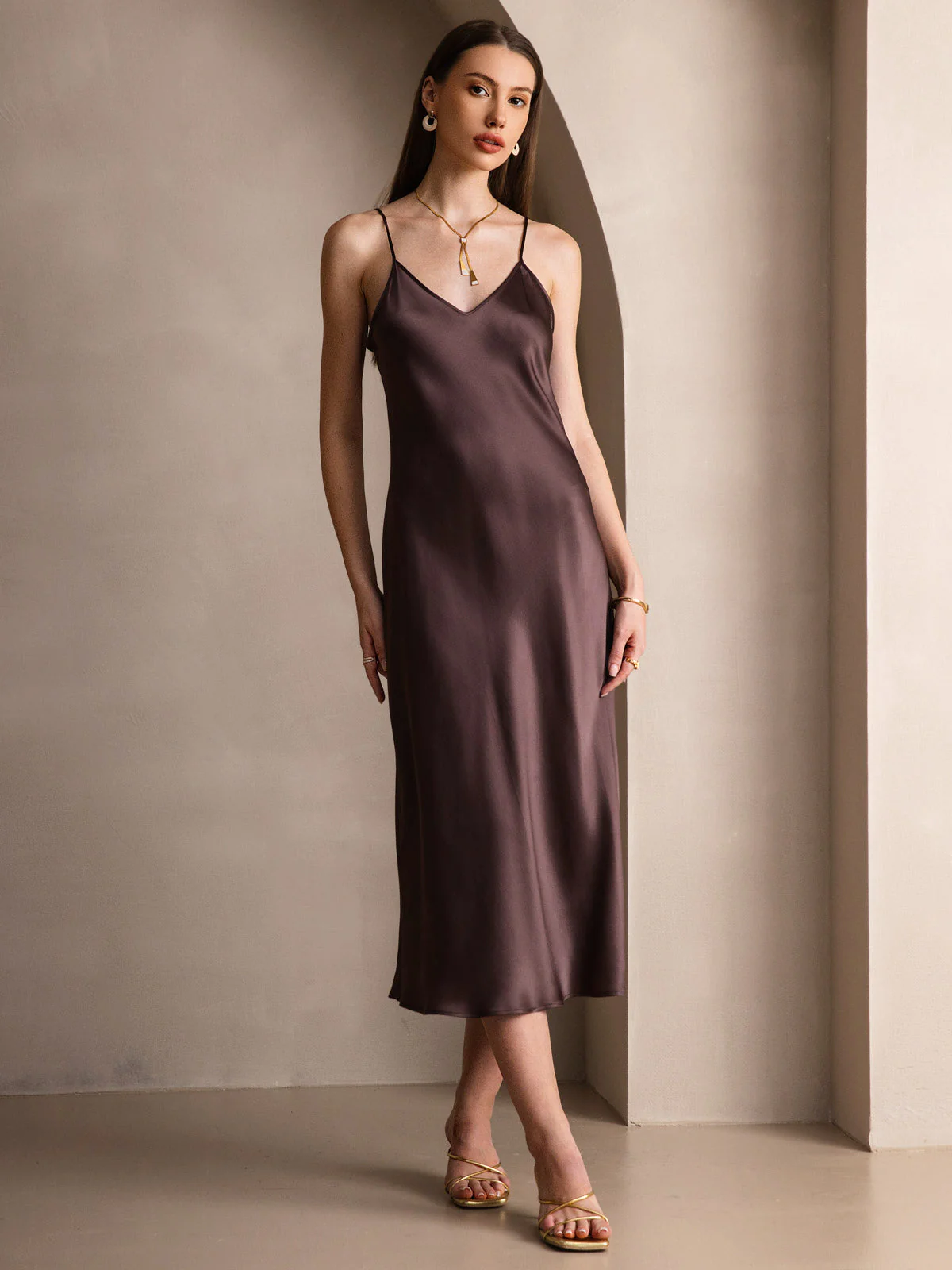 Pure Silk Spaghetti Strap V Neck Midi Dress - Image 15