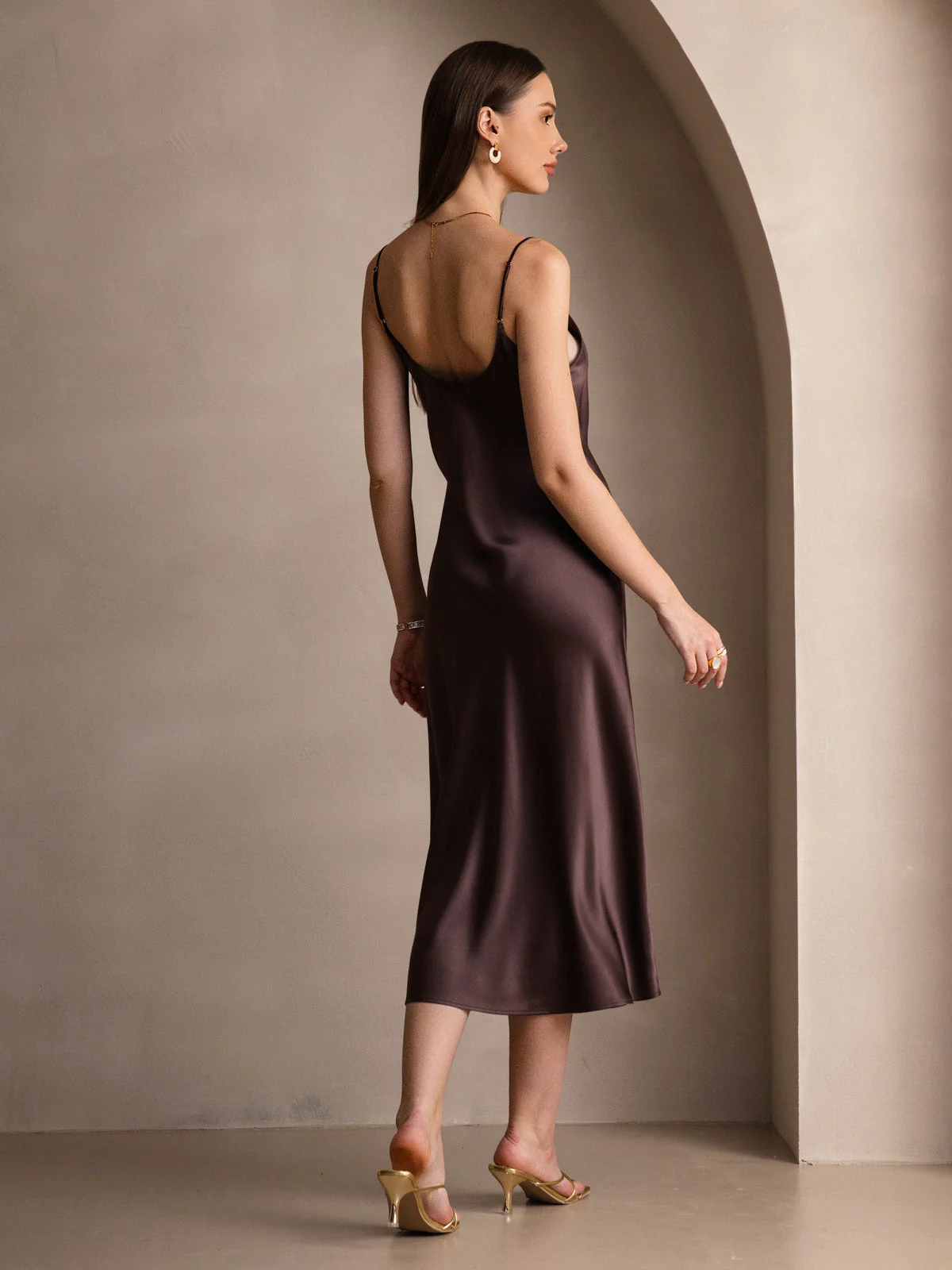 Pure Silk Spaghetti Strap V Neck Midi Dress - Image 16