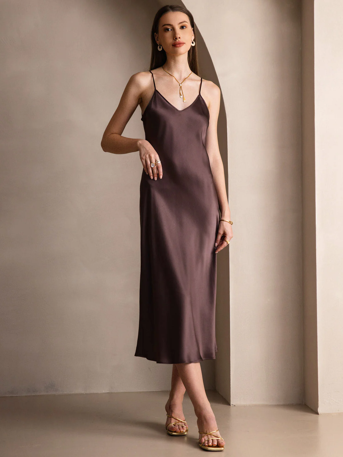 Pure Silk Spaghetti Strap V Neck Midi Dress - Image 18