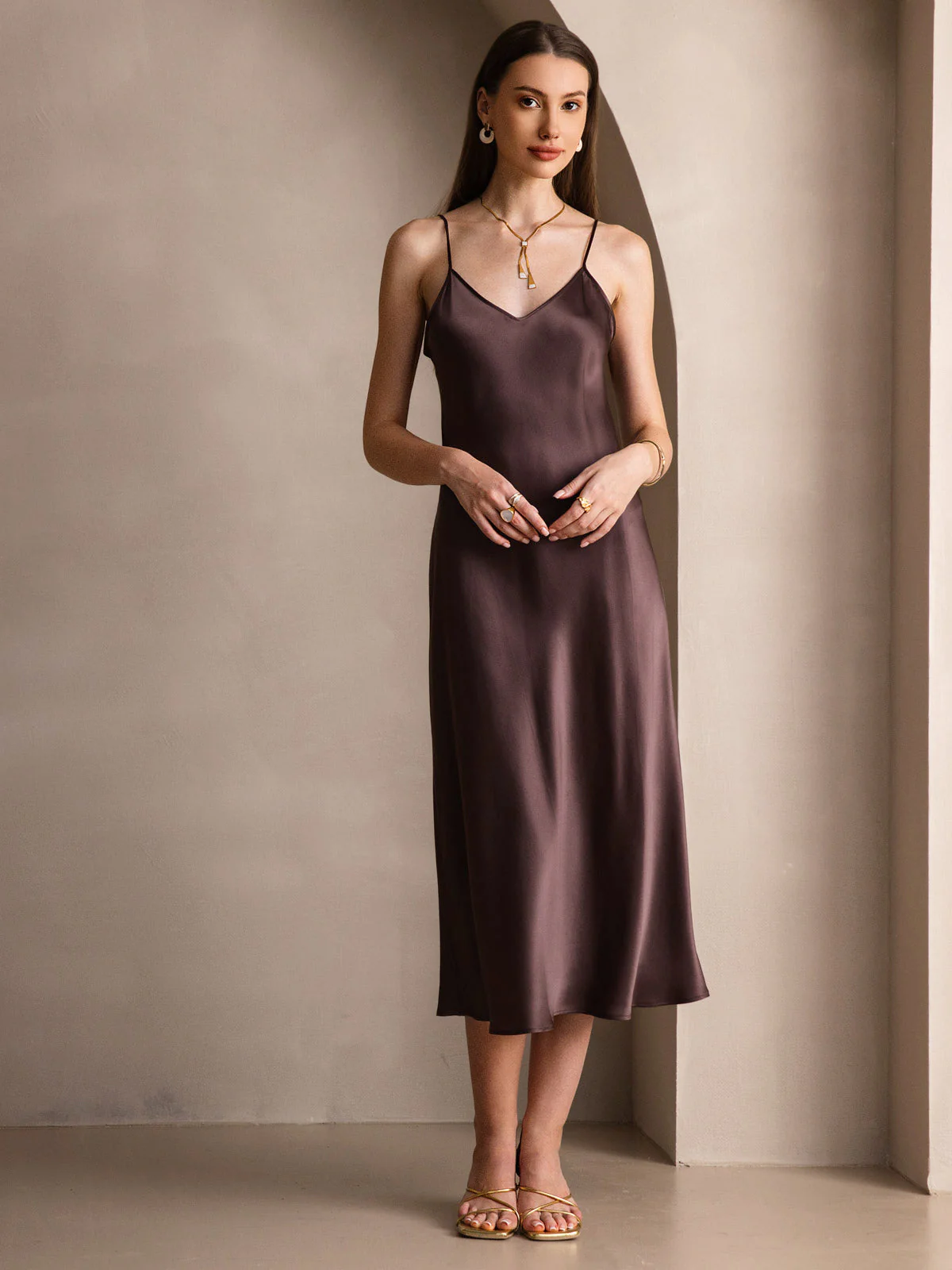 Pure Silk Spaghetti Strap V Neck Midi Dress - Image 19