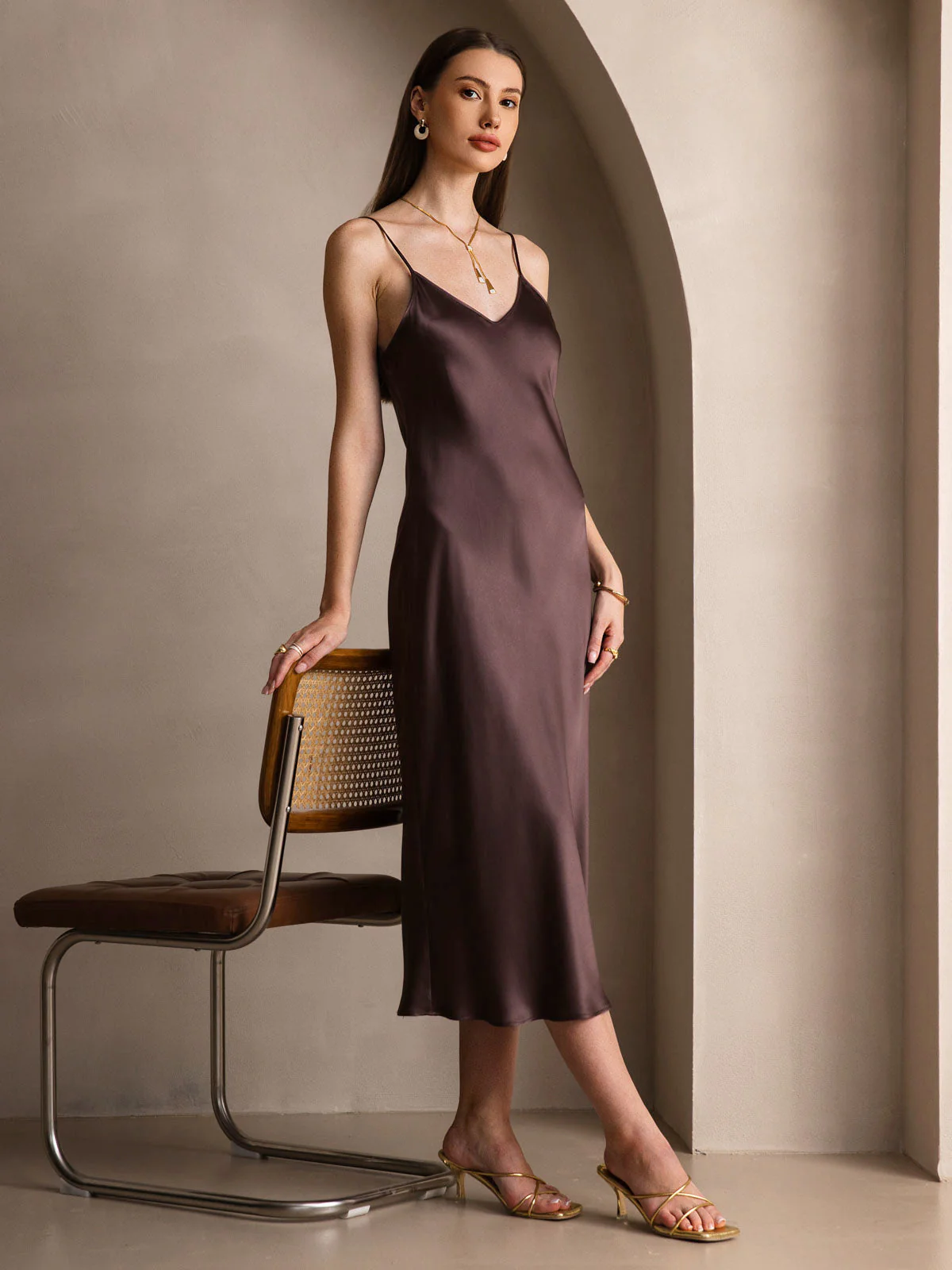 Pure Silk Spaghetti Strap V Neck Midi Dress - Image 21