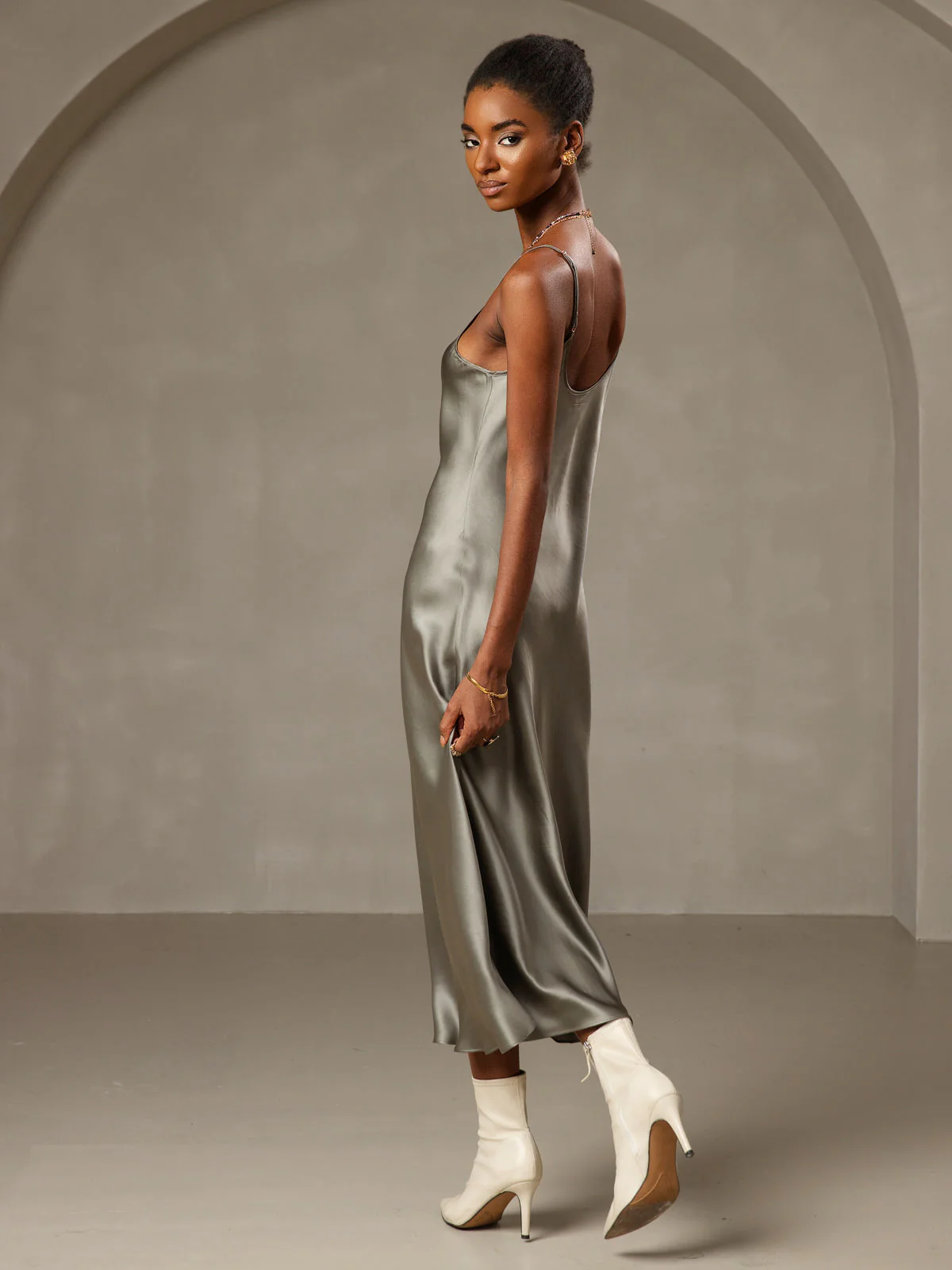 Pure Silk Spaghetti Strap V Neck Midi Dress - Image 24